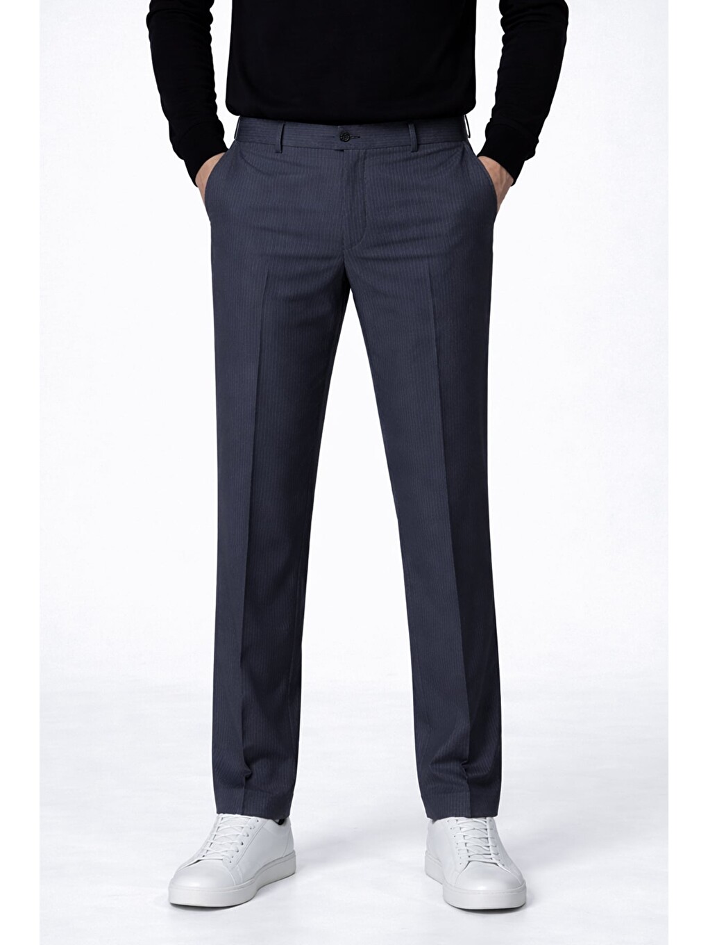 Erkek Lacivert Dar Kesim Slimfit Dokuma Çizgili Yan Cep Normal Bel Pantolon