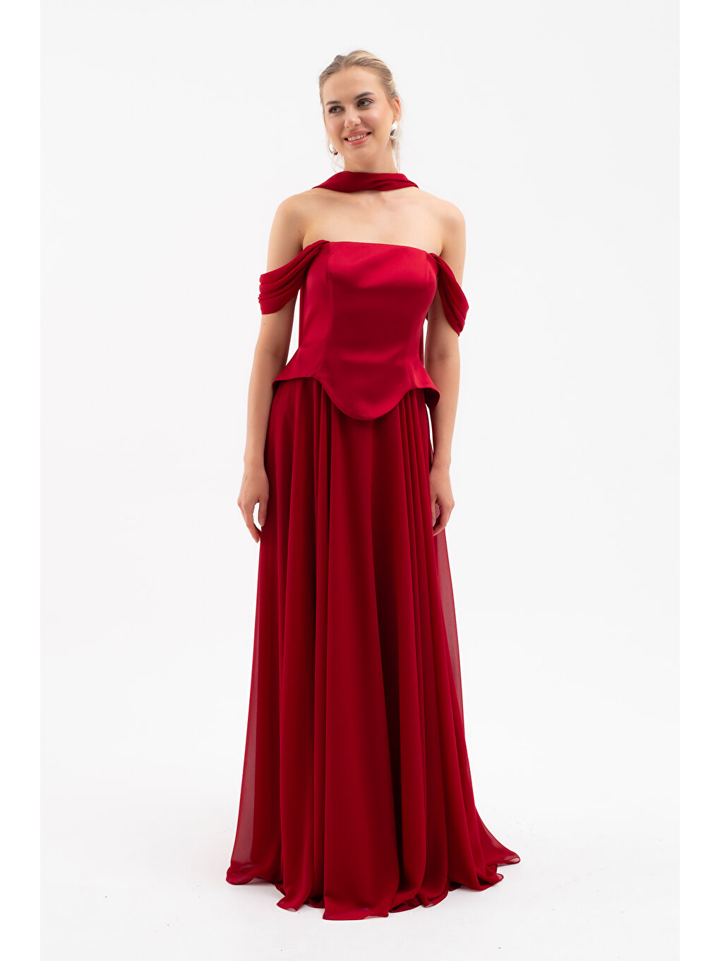 Kadın Bordo Şal Yaka Straplez Söz Nişan Abiye Elbise-1