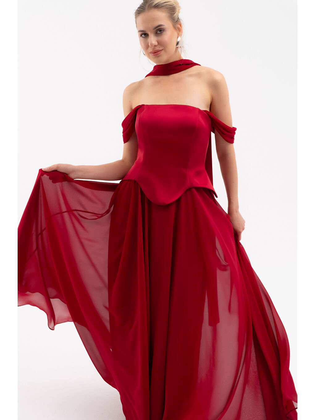 Kadın Bordo Şal Yaka Straplez Söz Nişan Abiye Elbise-2