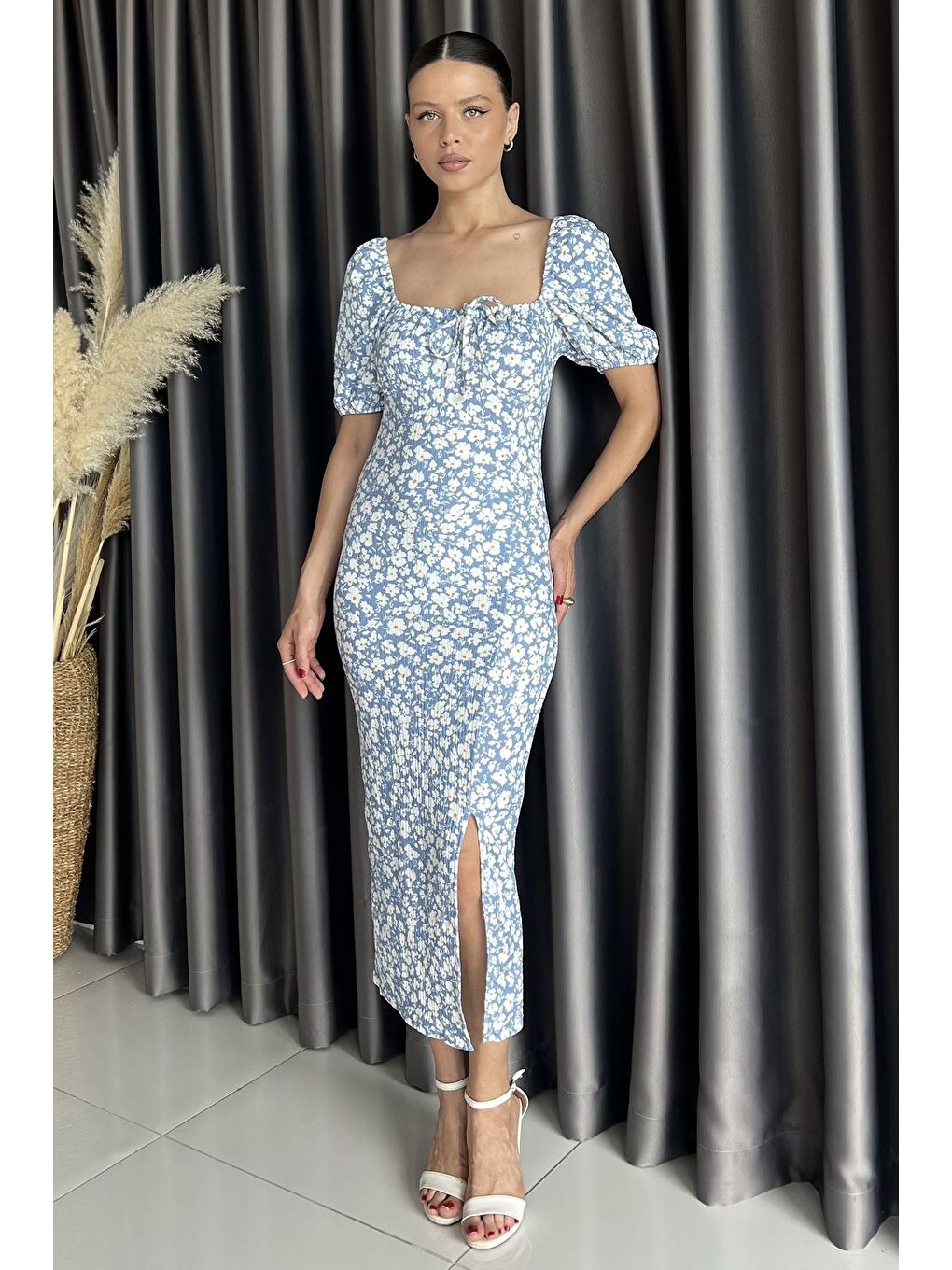 Mavi Yırtmaçlı Balon Kol Kadın Desenli Elbise-1