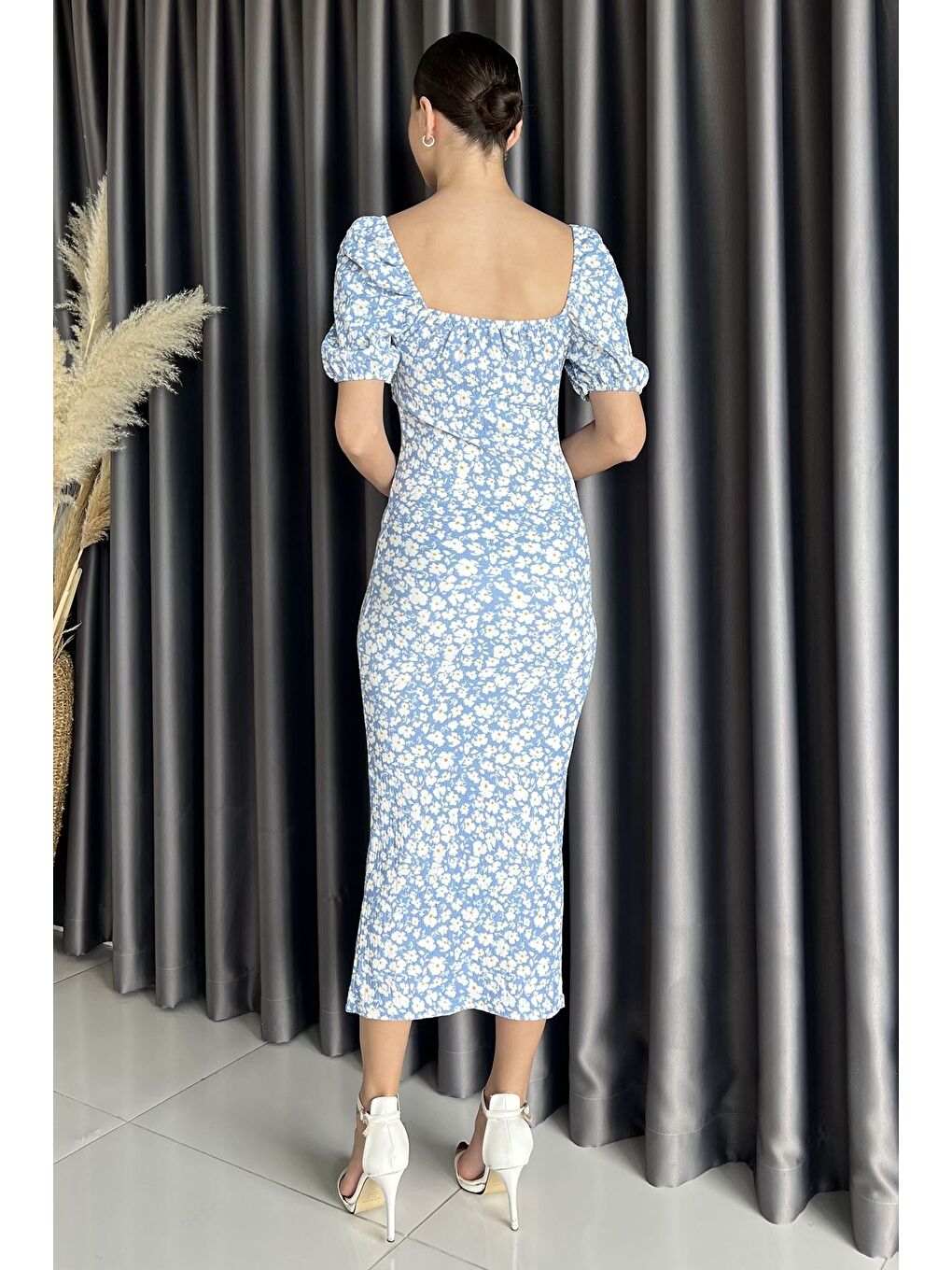 Mavi Yırtmaçlı Balon Kol Kadın Desenli Elbise-2