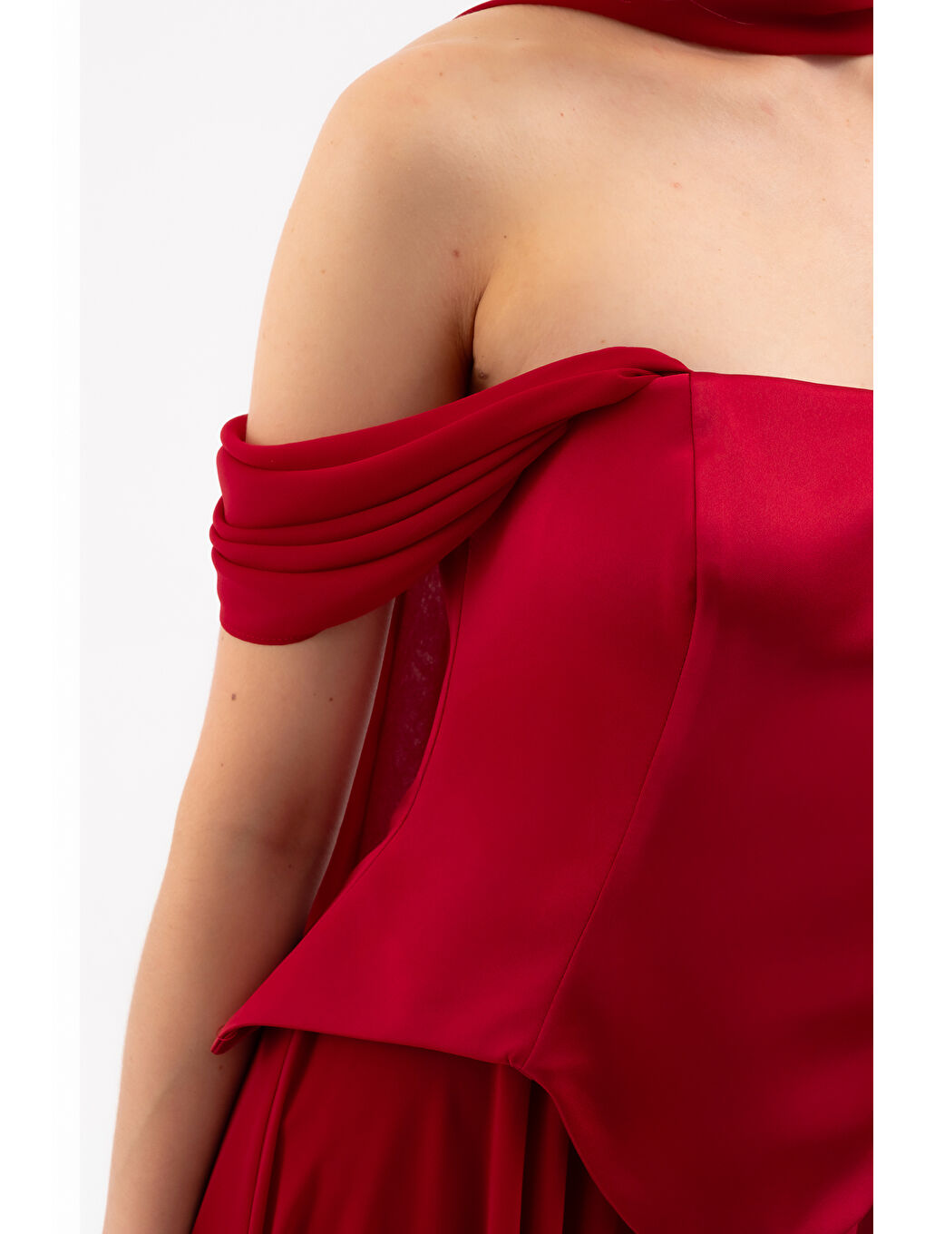 Kadın Bordo Şal Yaka Straplez Söz Nişan Abiye Elbise-3