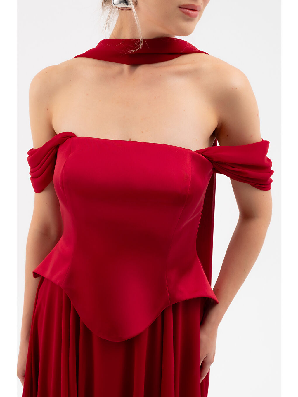 Kadın Bordo Şal Yaka Straplez Söz Nişan Abiye Elbise-4