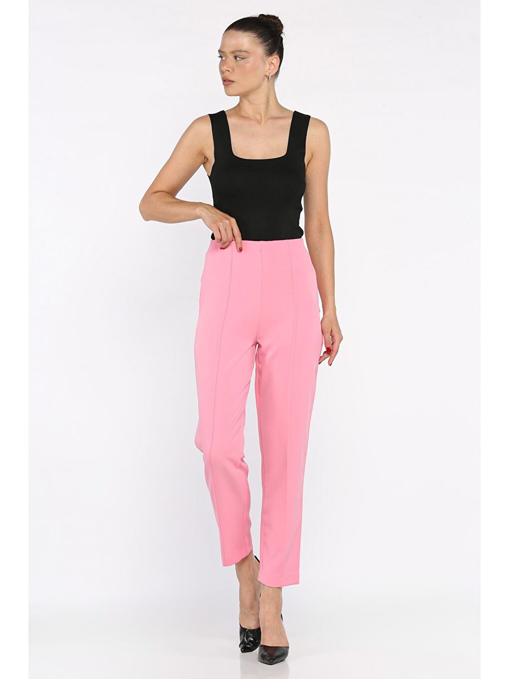 Pembe Ön Çimalı Bel Lastikli Kadın Dar Paça Pantolon-1