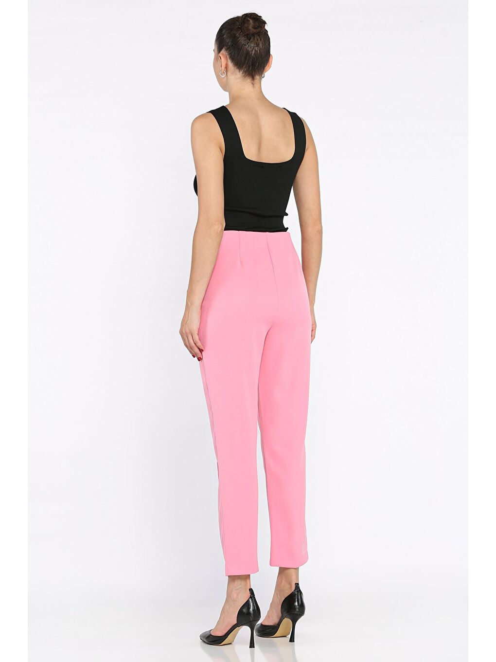 Pembe Ön Çimalı Bel Lastikli Kadın Dar Paça Pantolon-2
