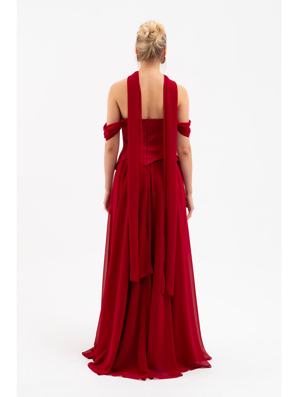 Kadın Bordo Şal Yaka Straplez Söz Nişan Abiye Elbise-5