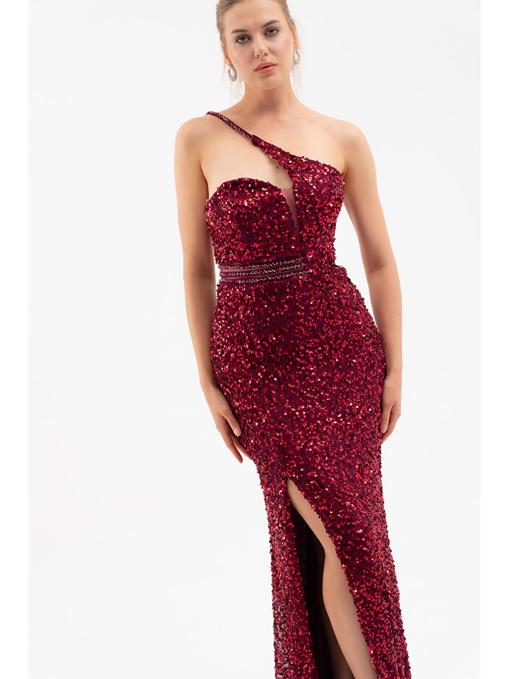 Kadın Bordo Bel Transparan Yırtmaçlı Payetli Uzun Abiye Elbise-1