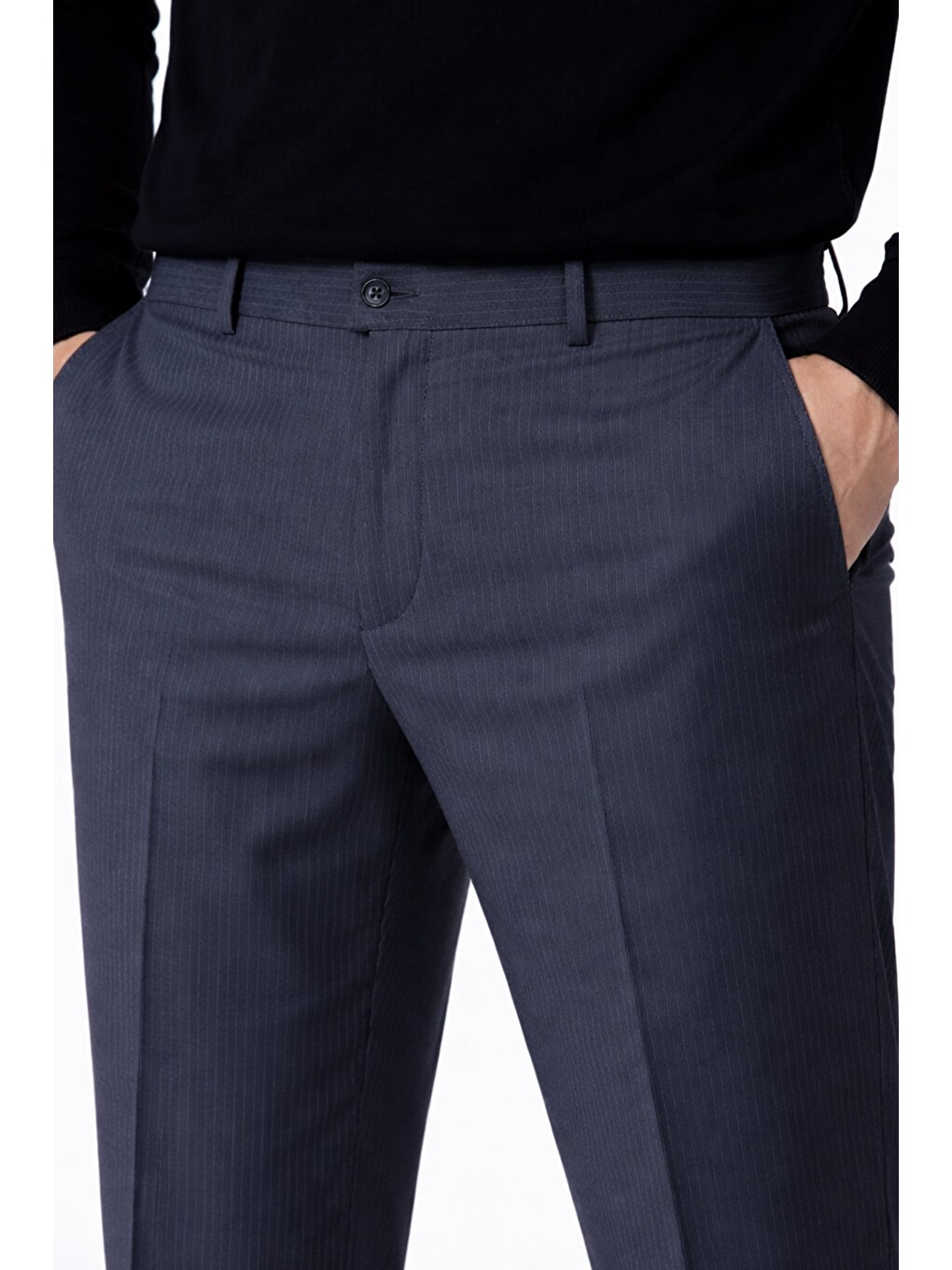 Erkek Lacivert Dar Kesim Slimfit Dokuma Çizgili Yan Cep Normal Bel Pantolon-2