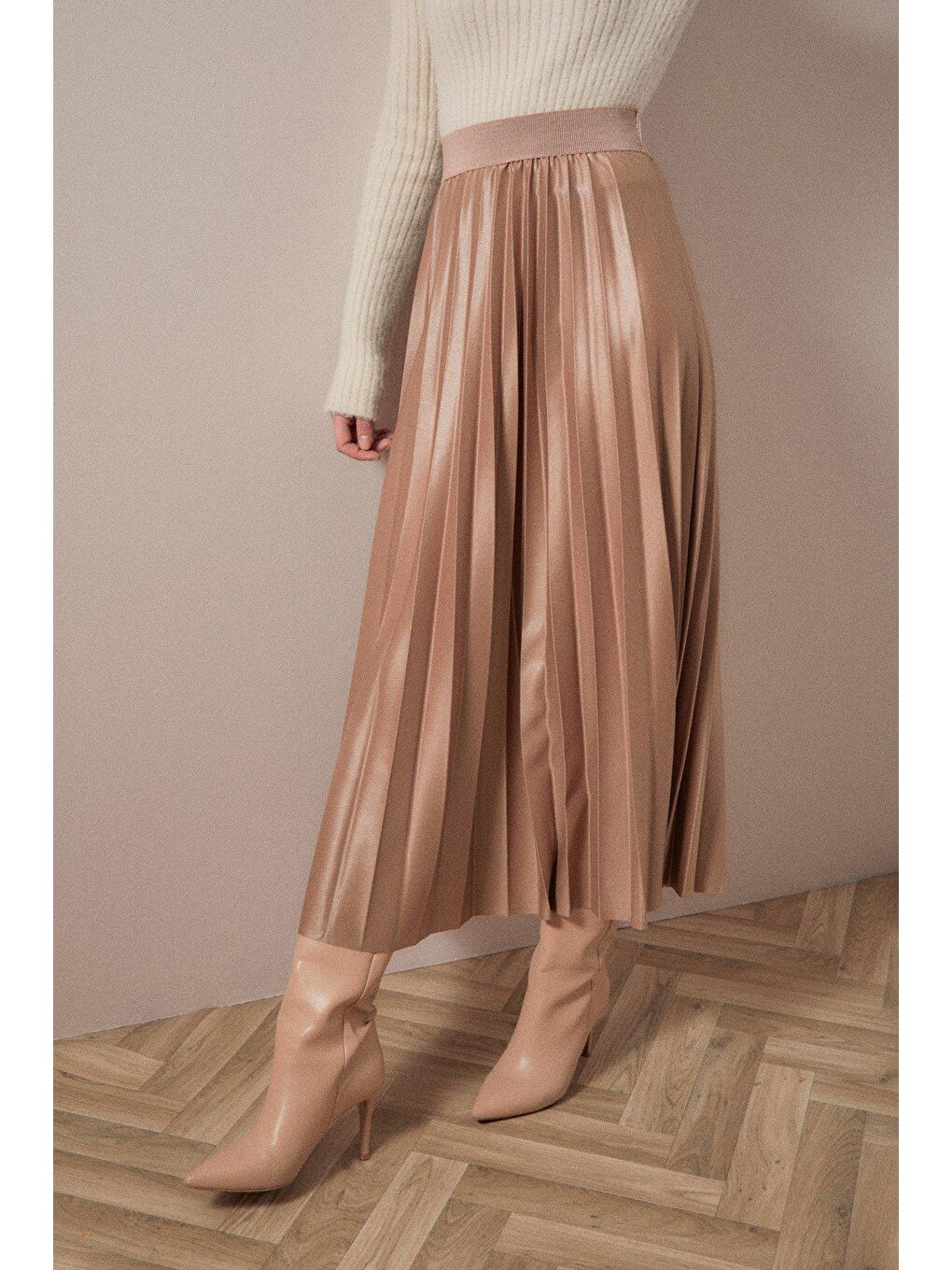 Bej Basic Beli Lastikli Piliseli Etek-2