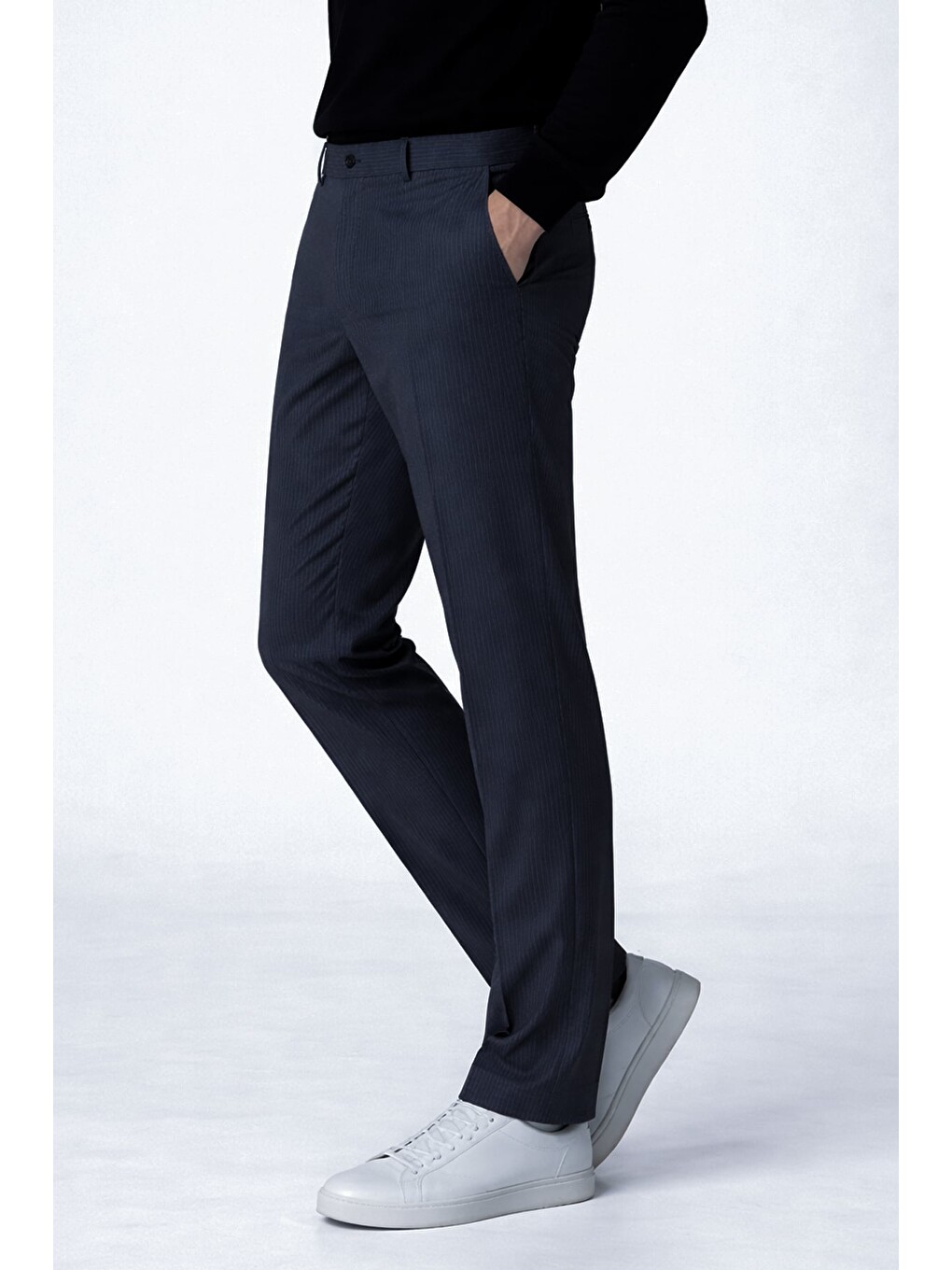 Erkek Lacivert Dar Kesim Slimfit Dokuma Çizgili Yan Cep Normal Bel Pantolon-3