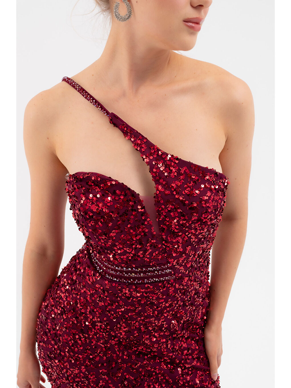 Kadın Bordo Bel Transparan Yırtmaçlı Payetli Uzun Abiye Elbise-4