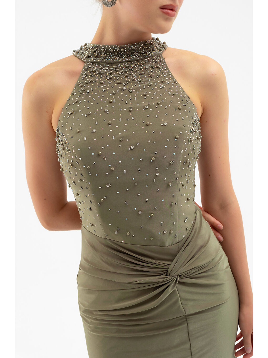 Kadın Haki Halter Yaka Taşlı Uzun Abiye Elbise-4