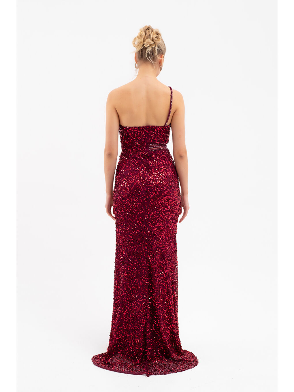 Kadın Bordo Bel Transparan Yırtmaçlı Payetli Uzun Abiye Elbise-5