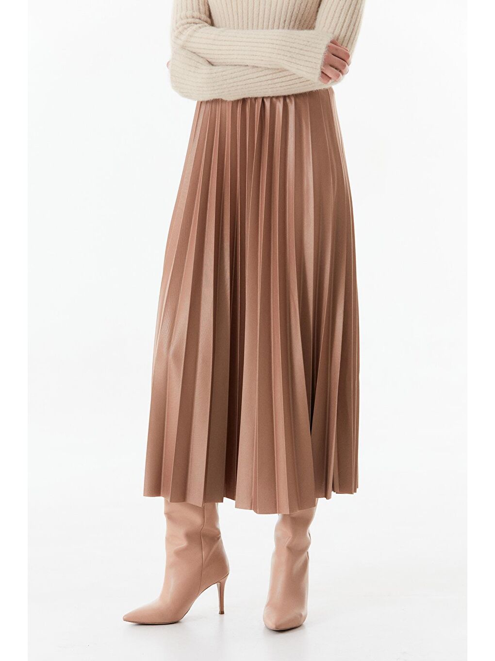 Bej Basic Beli Lastikli Piliseli Etek-3