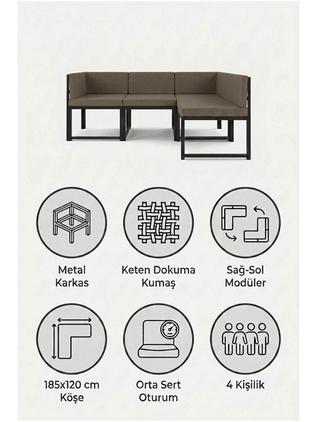 Nora Metal Karkas 4'lü Köşe Koltuk Takımı | Keten Dokuma, Sağ-sol Modüler | Kahverengi-7
