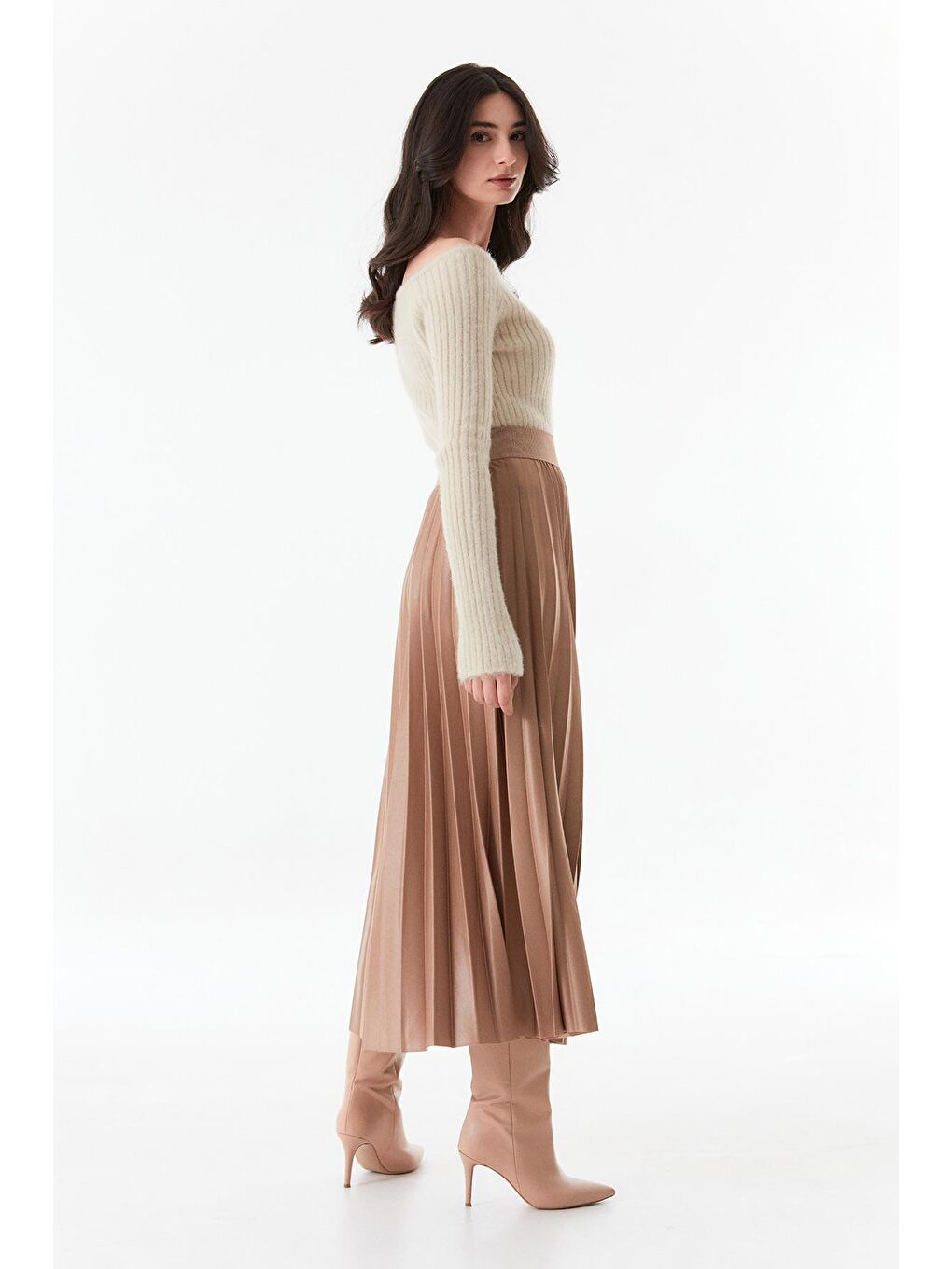 Bej Basic Beli Lastikli Piliseli Etek-4