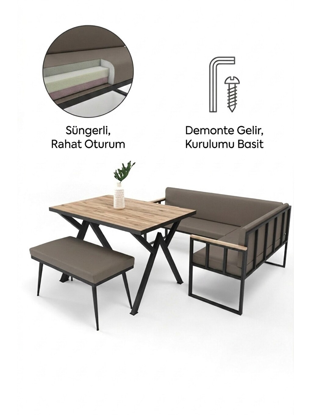 Koza Mutfak Köşesi Takımı | Masa + L Bank + Bank, Minderli, Modern | Kahverengi-3