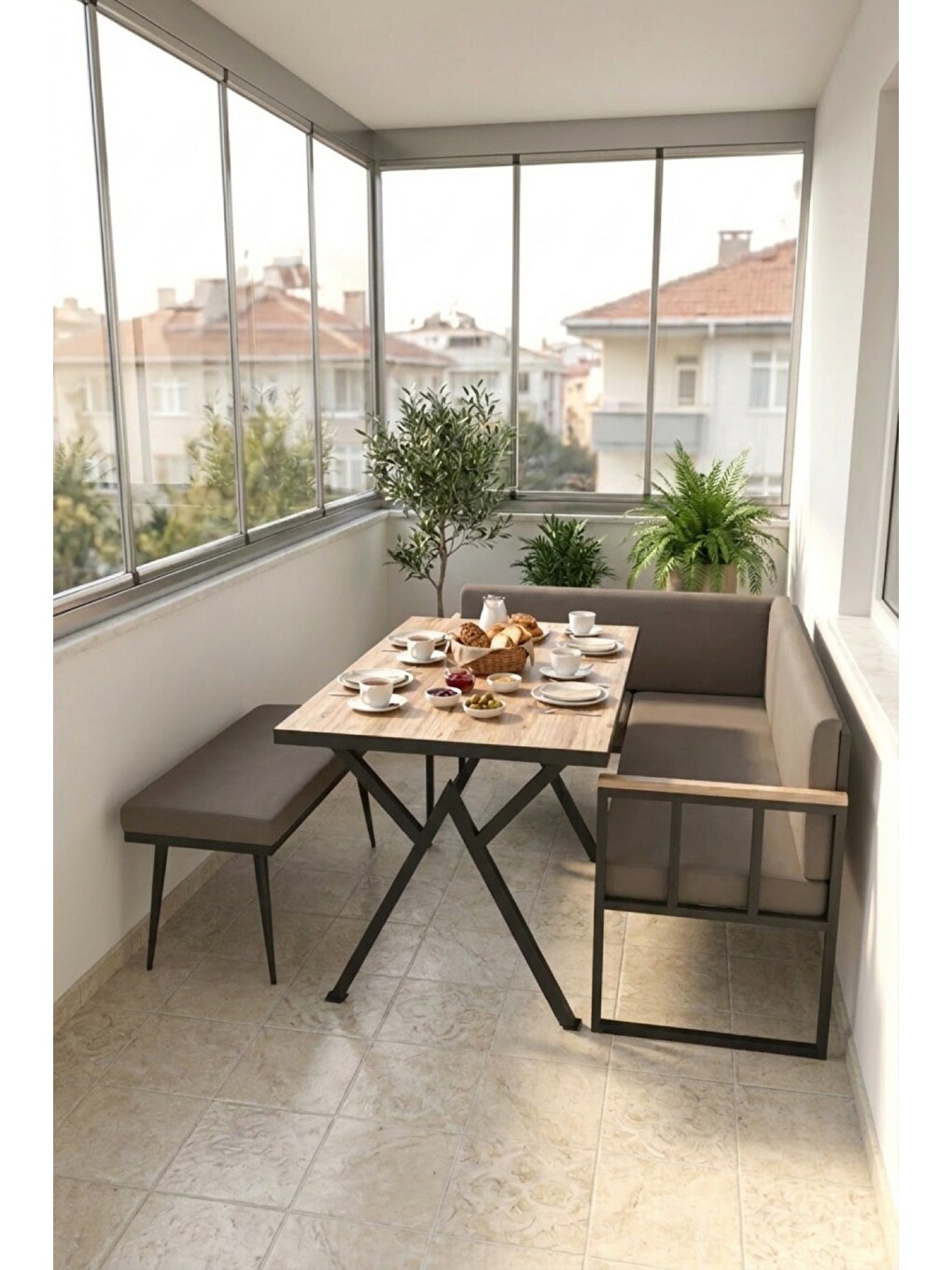 Koza Mutfak Köşesi Takımı | Masa + L Bank + Bank, Minderli, Modern | Kahverengi-5