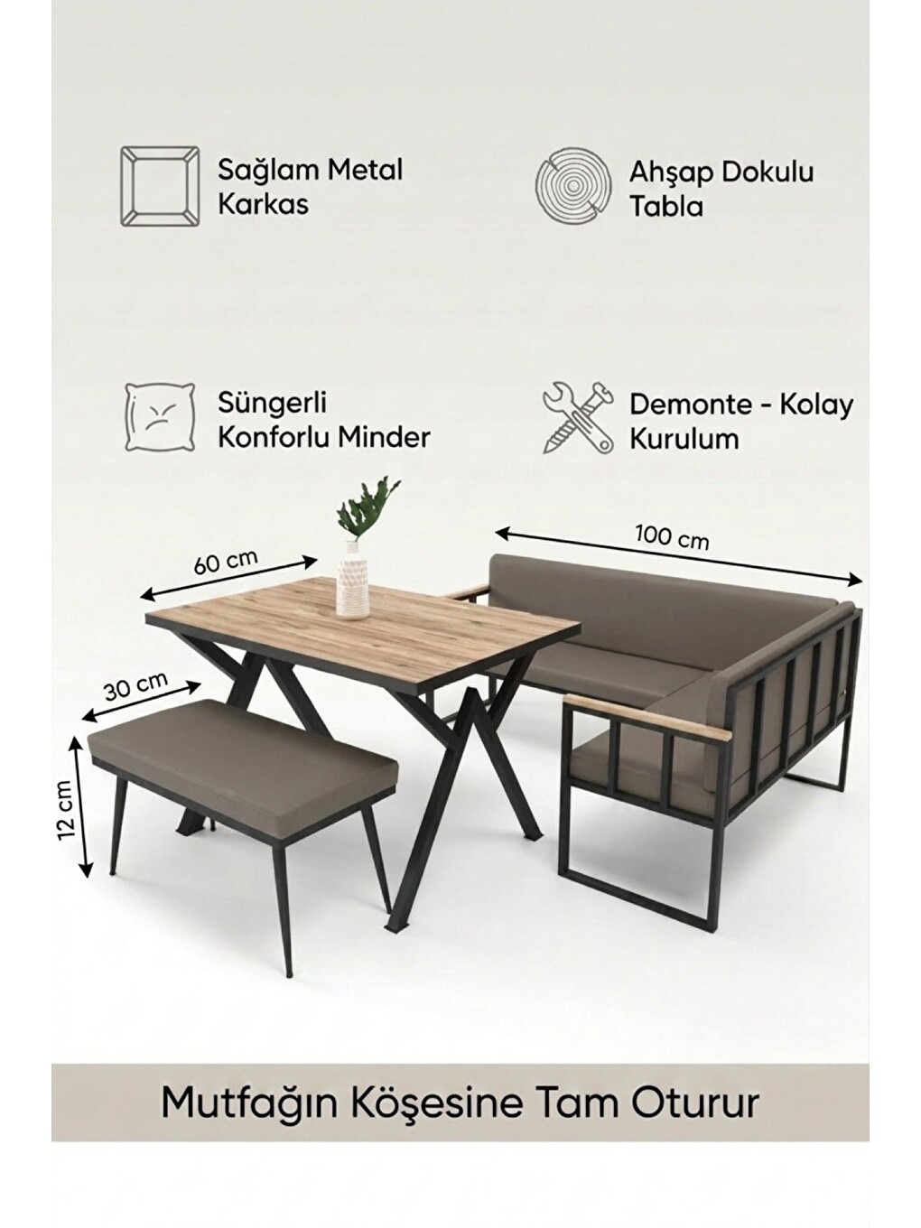Koza Mutfak Köşesi Takımı | Masa + L Bank + Bank, Minderli, Modern | Kahverengi-7