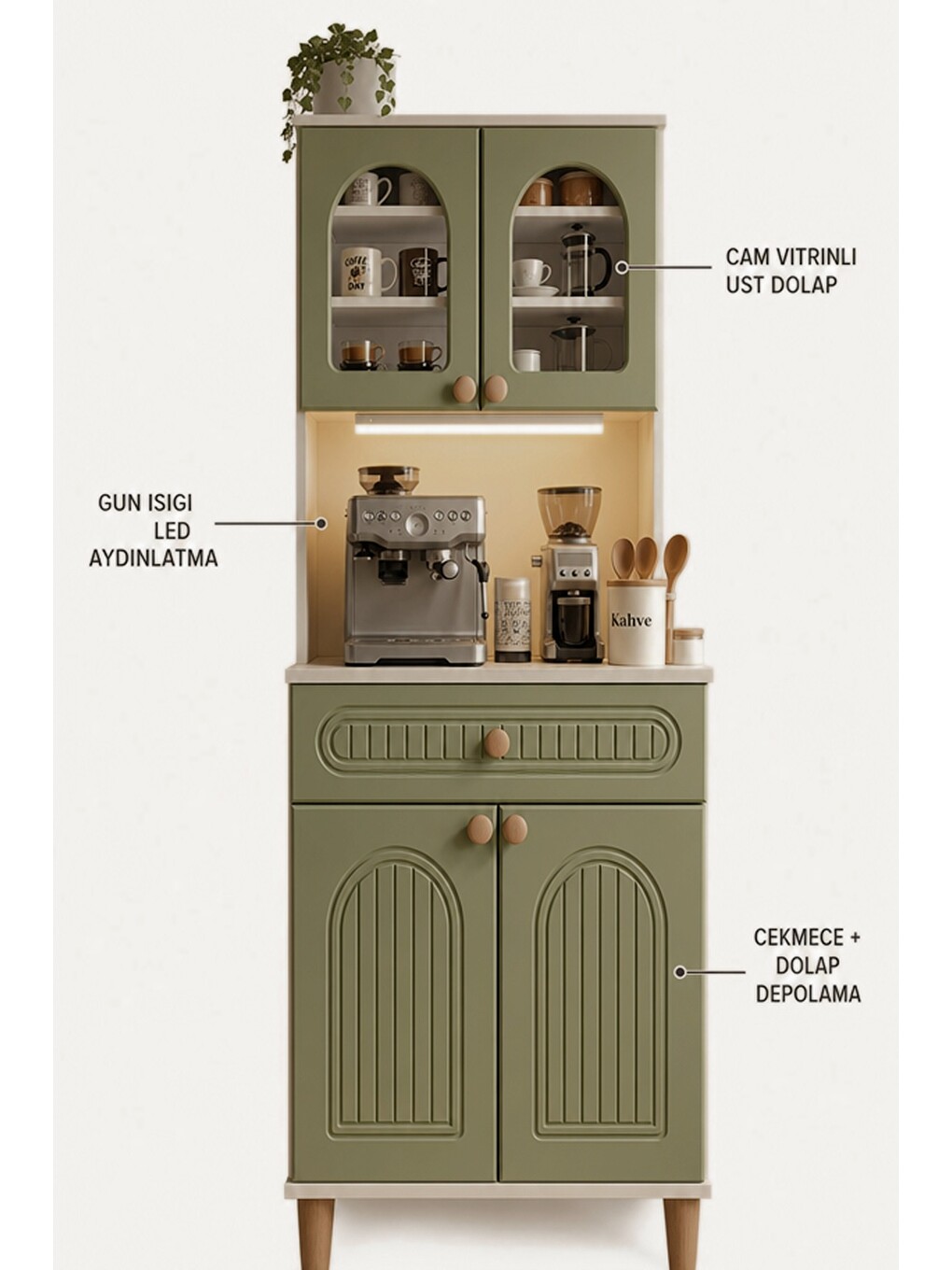 Barista Led Aydınlatmalı Kahve Köşesi Dolabı Retro Büfe 195cm Mdf Yeşil-3