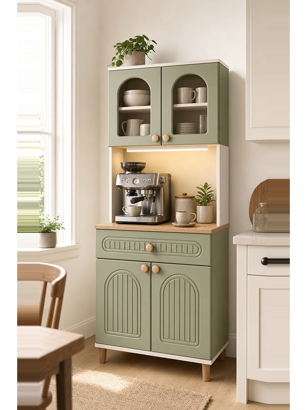Barista Led Aydınlatmalı Kahve Köşesi Dolabı Retro Büfe 195cm Mdf Yeşil-4