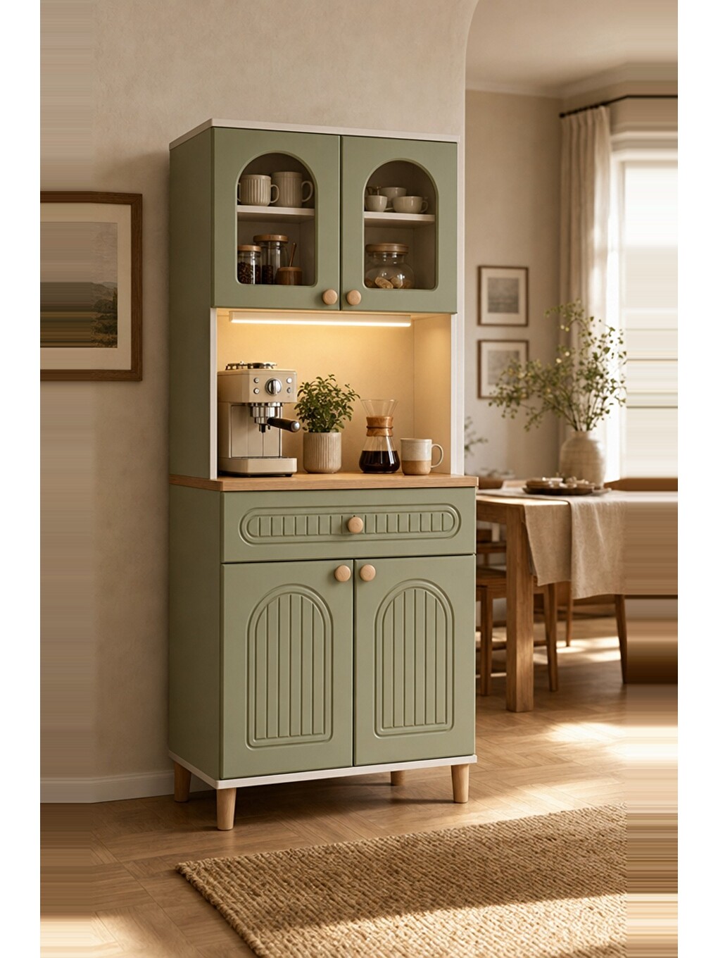 Barista Led Aydınlatmalı Kahve Köşesi Dolabı Retro Büfe 195cm Mdf Yeşil-5