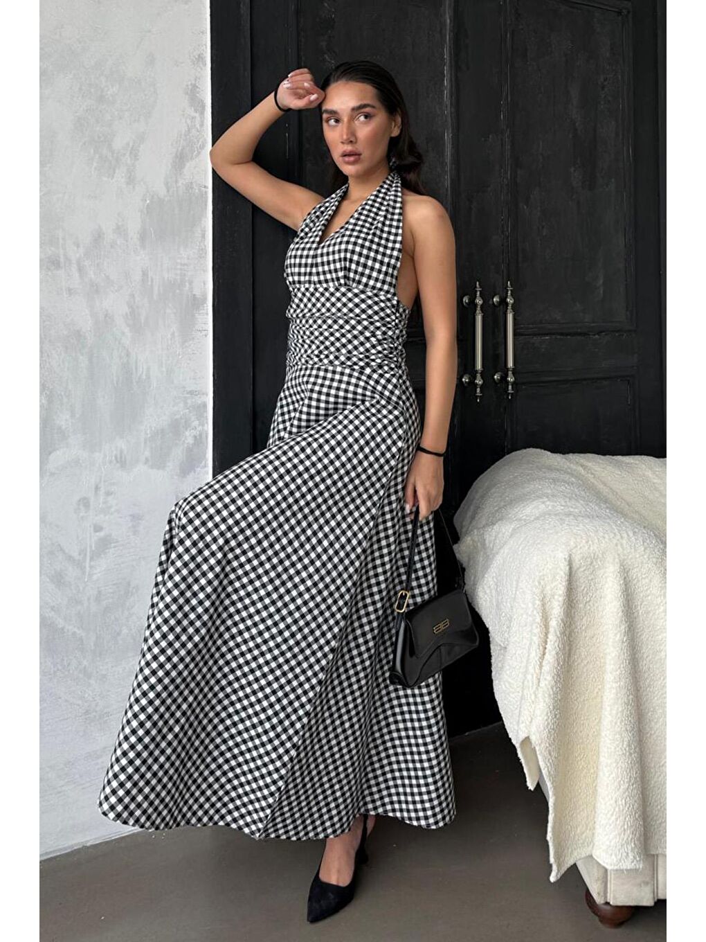 Siyah Ekoseli Midi Boy Kadın Elbise Mg2350