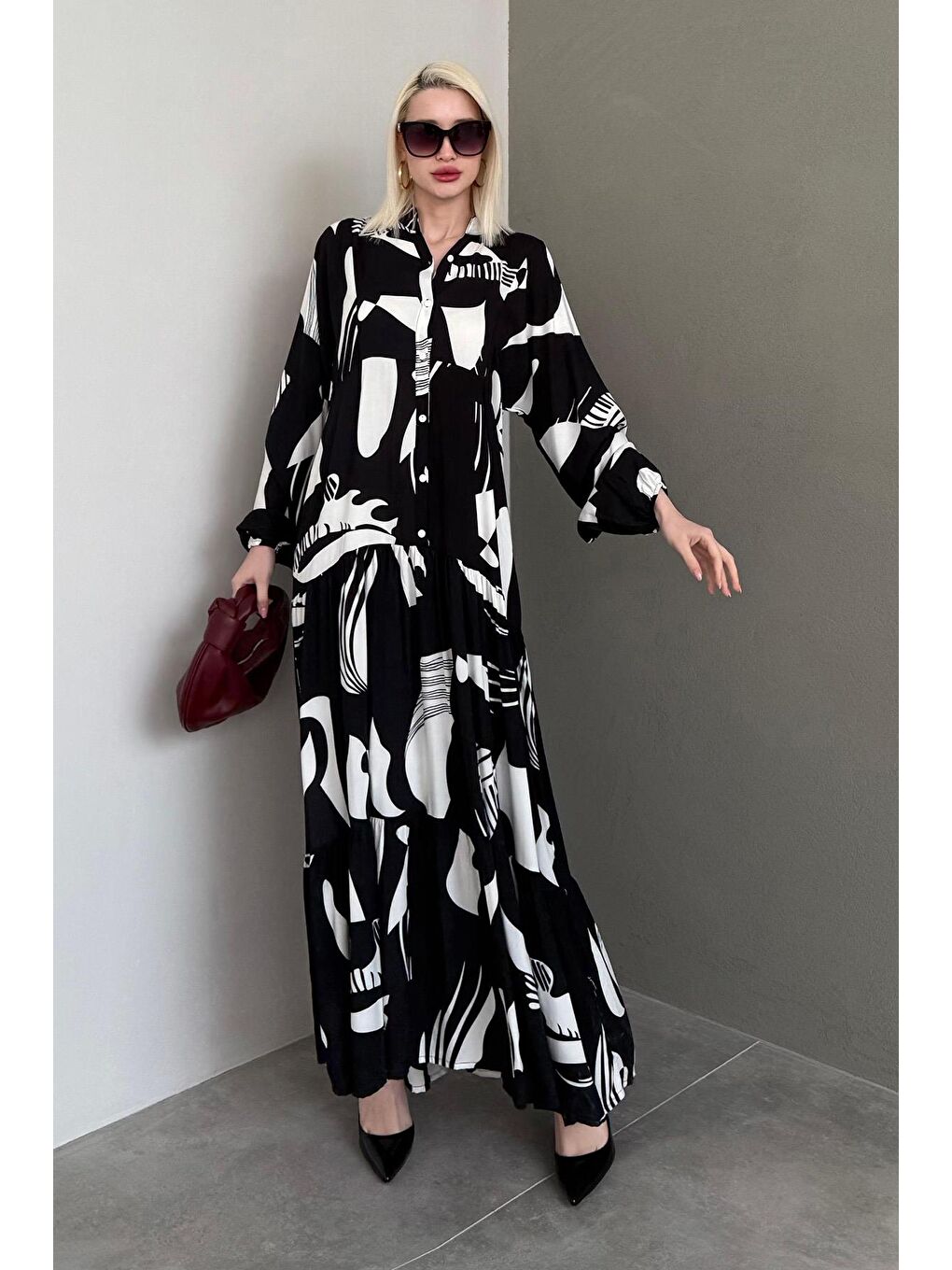 Siyah Desenli Düğmeli Uzun Kollu Elbise Mg2391