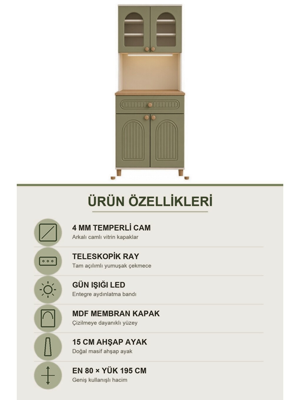 Barista Led Aydınlatmalı Kahve Köşesi Dolabı Retro Büfe 195cm Mdf Yeşil-7