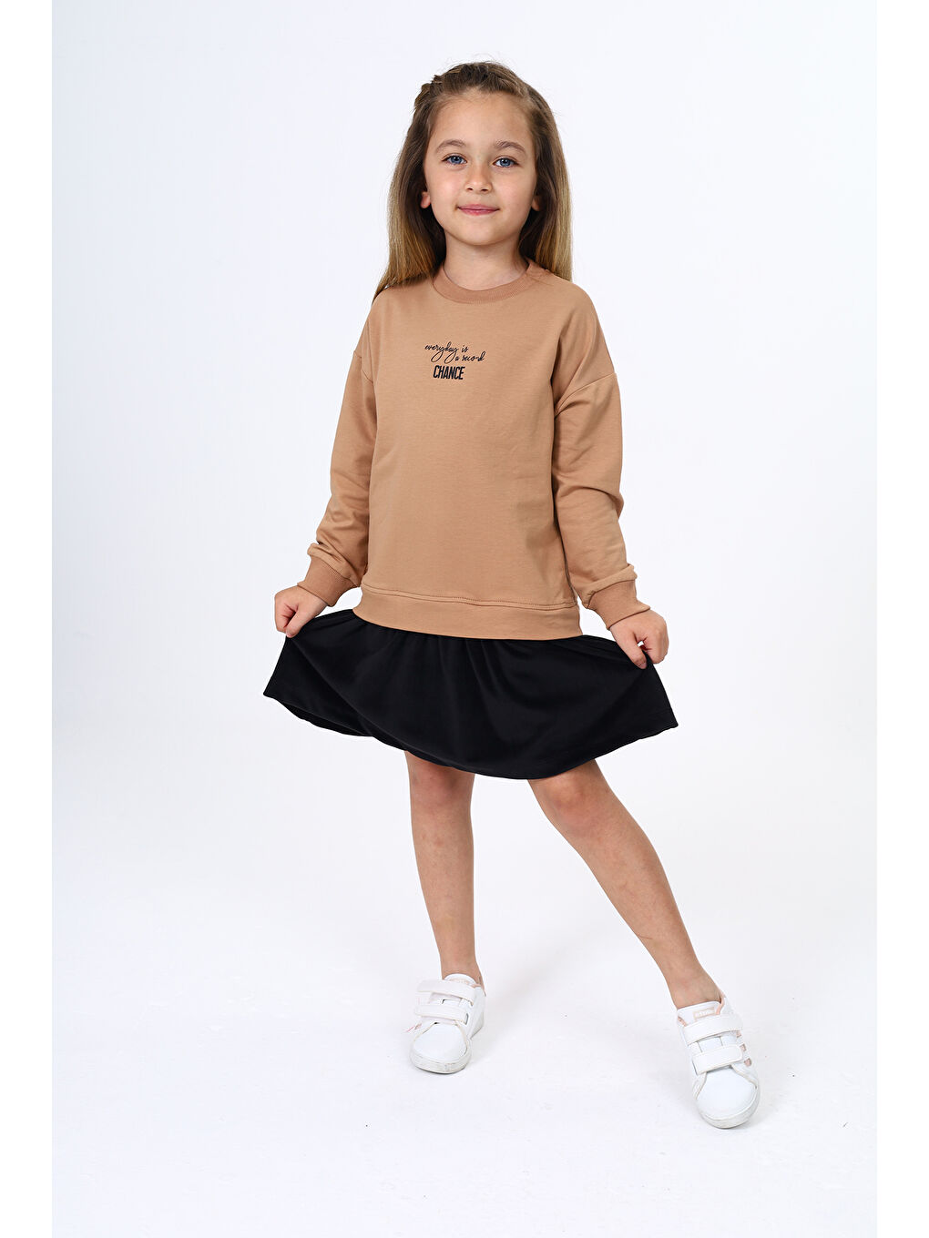 Kahverengi Kız Çocuk Baskılı Elbise-1