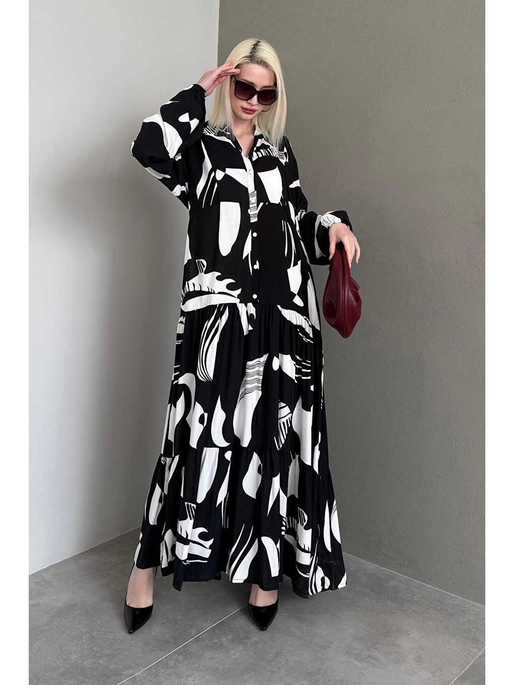 Siyah Desenli Düğmeli Uzun Kollu Elbise Mg2391-1