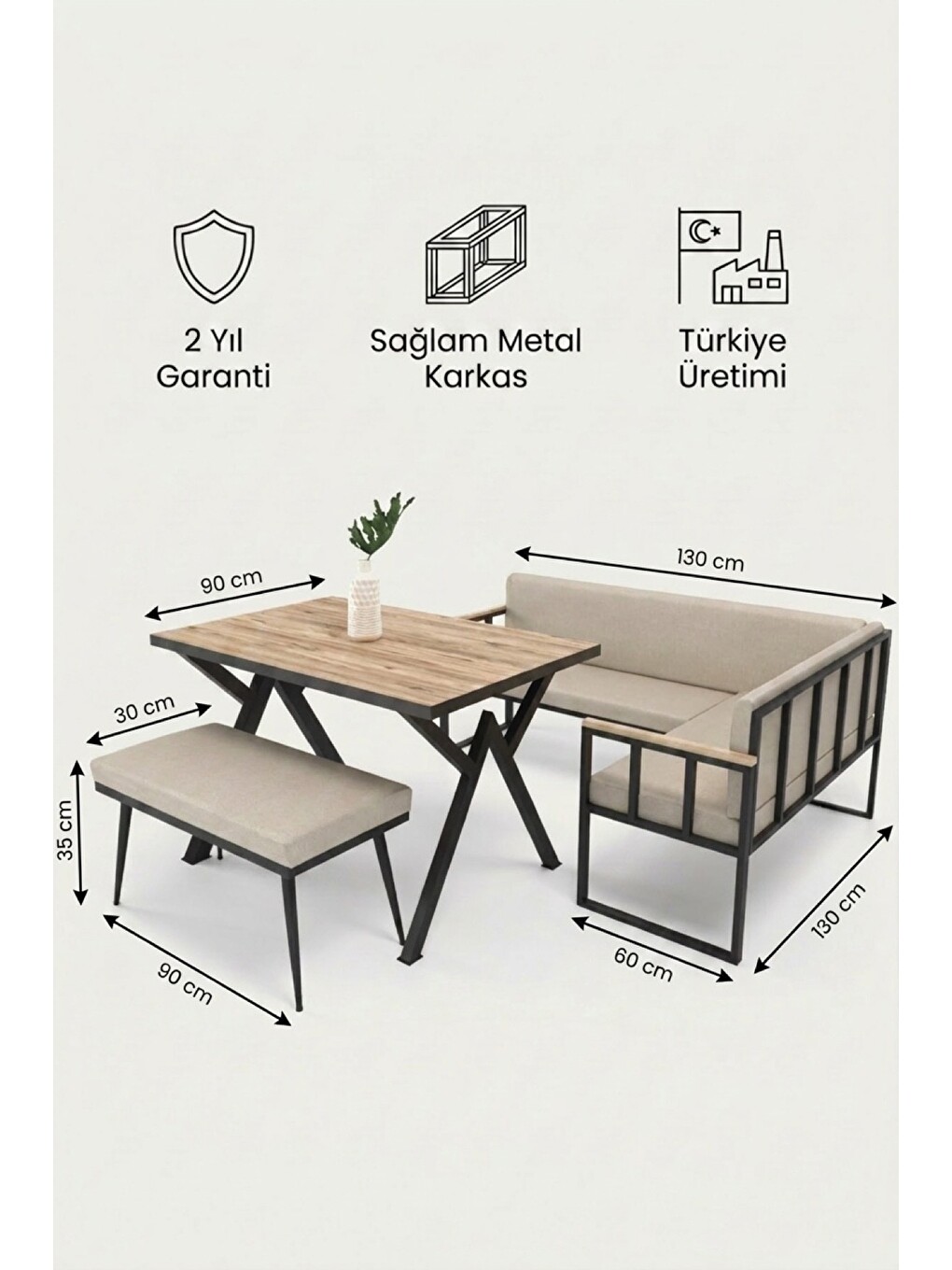 Koza Mutfak Köşesi Takımı | Masa + L Bank + Bank, Minderli, Modern | Bej-6
