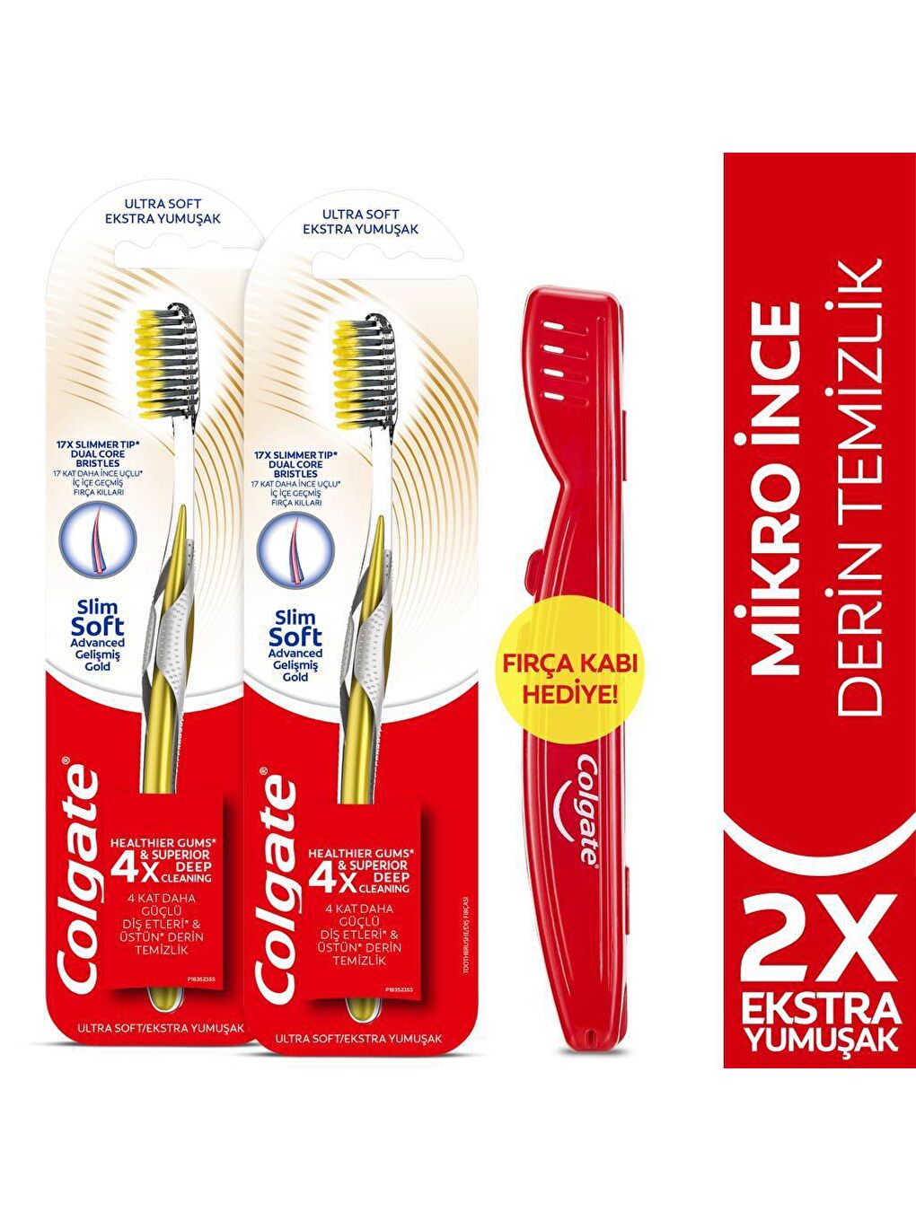 Colgate Sarı Mikro İnce Gelişmiş Gold Derin Temizlik Ekstra Yumuşak Diş Fırçası x2 Adet+Diş Fırçası Kabı