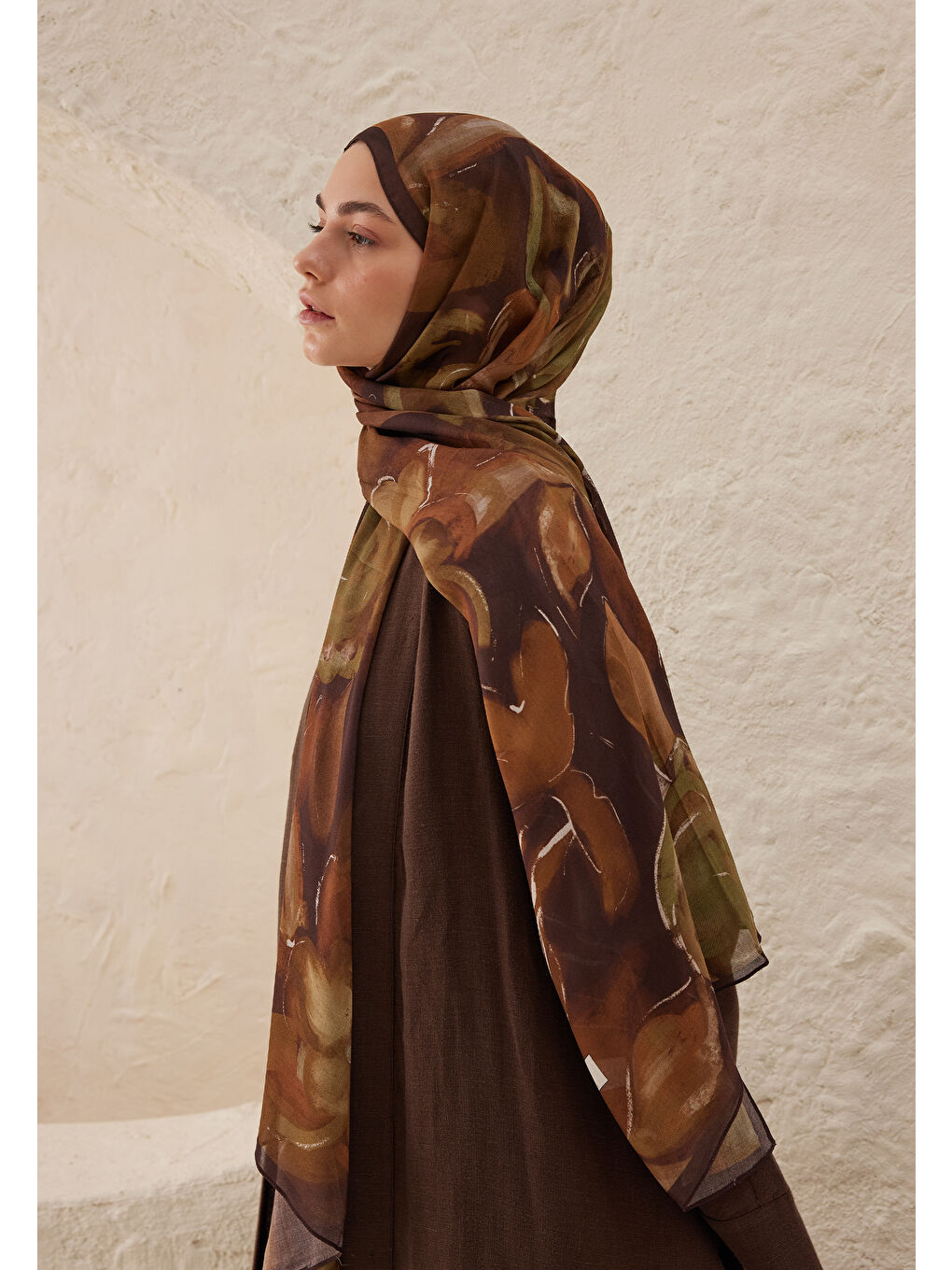 Kahverengi Dark Garden Desen Rami Şal Kahve-2