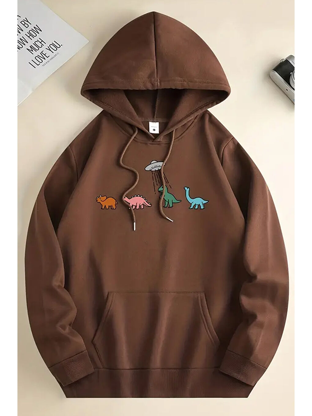 uyguntarz Açık Kahverengi Uzaylı Dinozor Baskılı Oversize Sweatshirt