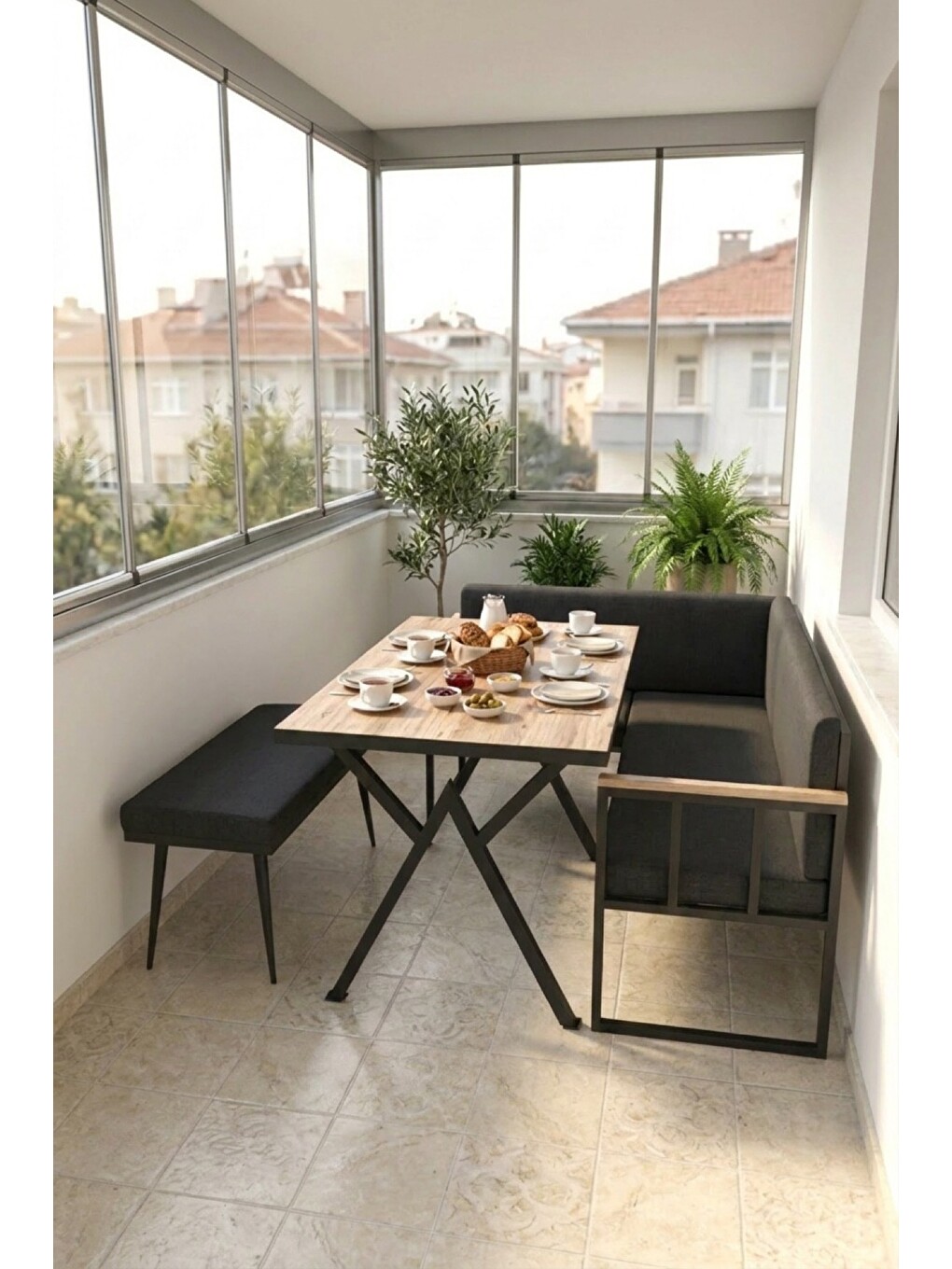Koza Mutfak Köşesi Takımı | Masa + L Bank + Bank, Minderli, Modern | Siyah-5