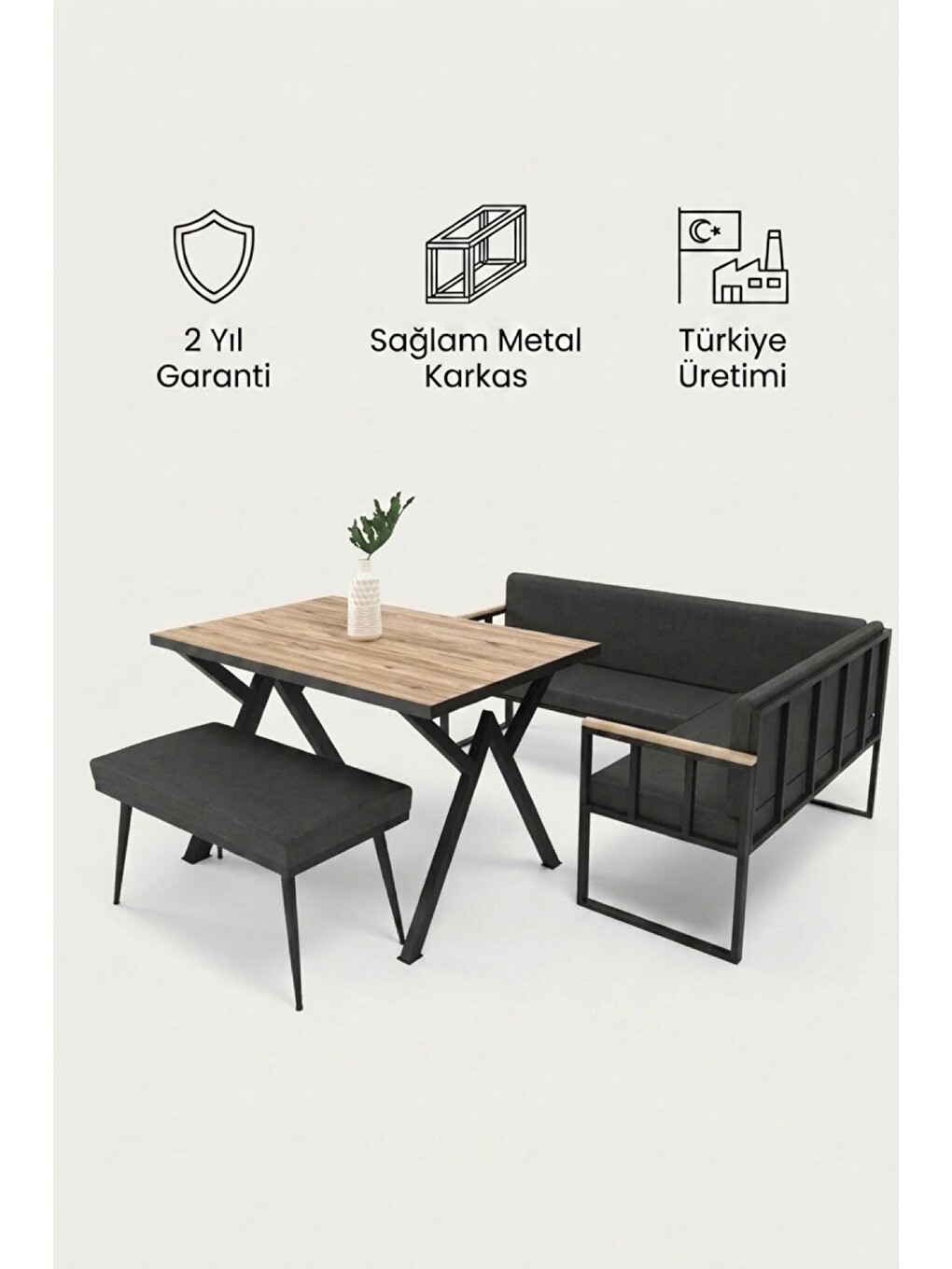 Koza Mutfak Köşesi Takımı | Masa + L Bank + Bank, Minderli, Modern | Siyah-6