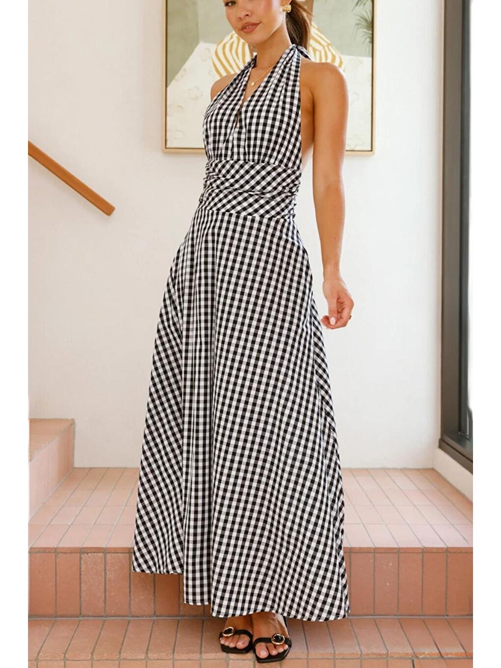 Siyah Ekoseli Midi Boy Kadın Elbise Mg2350-1