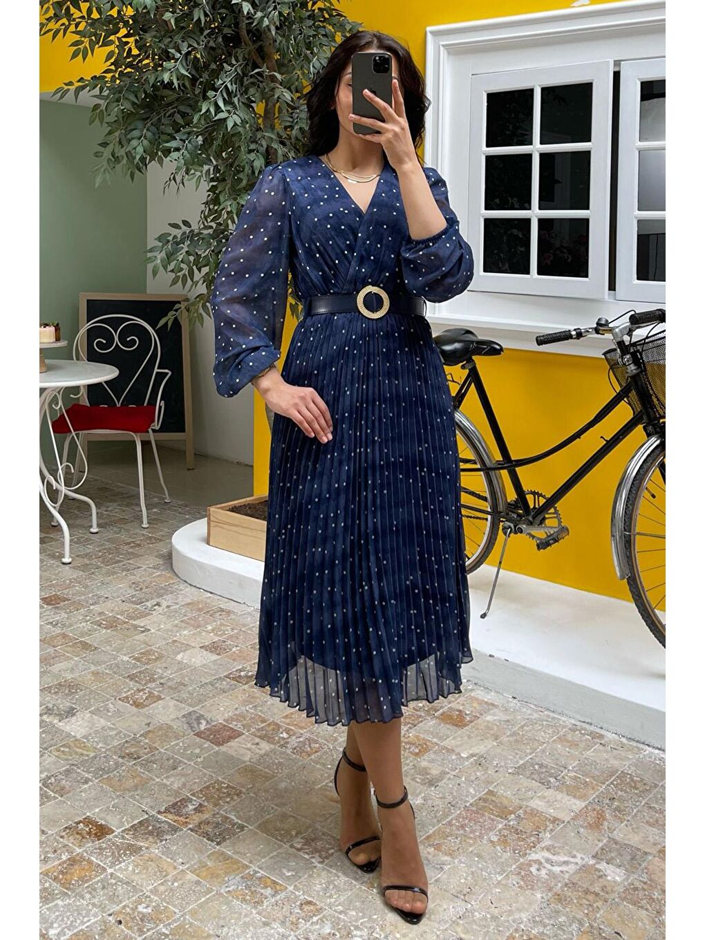 Lacivert Kruvaze Yaka Puantiyeli Şifon Elbise Mg2065