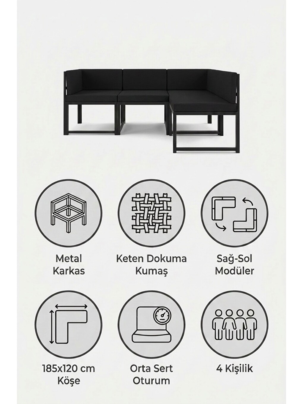 Nora Metal Karkas 4'lü Köşe Koltuk Takımı | Keten Dokuma, Sağ-sol Modüler | Siyah-7