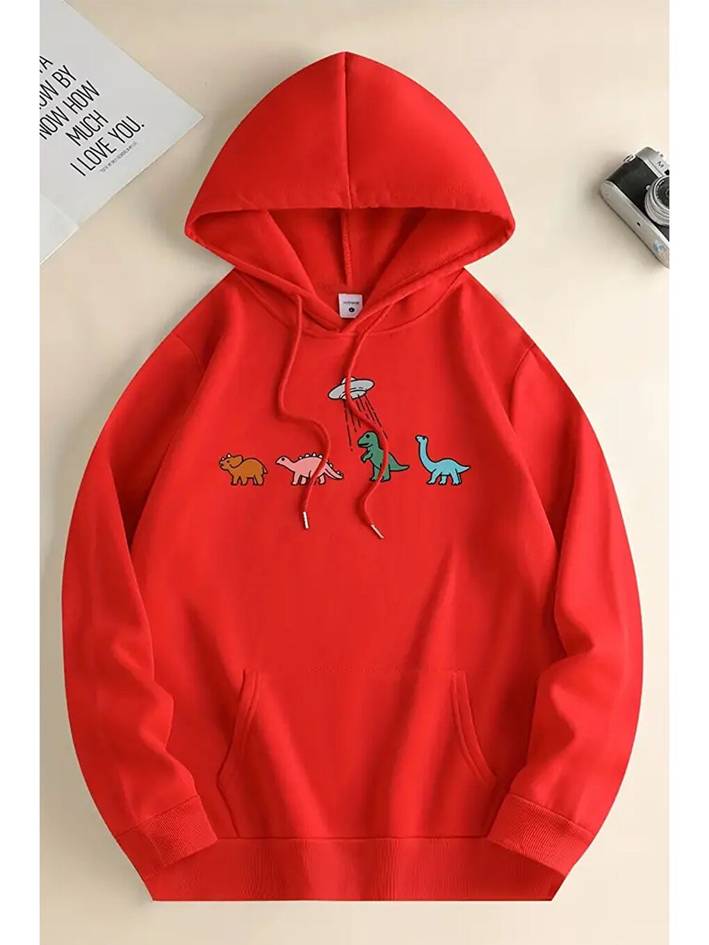 uyguntarz Kırmızı Uzaylı Dinozor Baskılı Oversize Sweatshirt