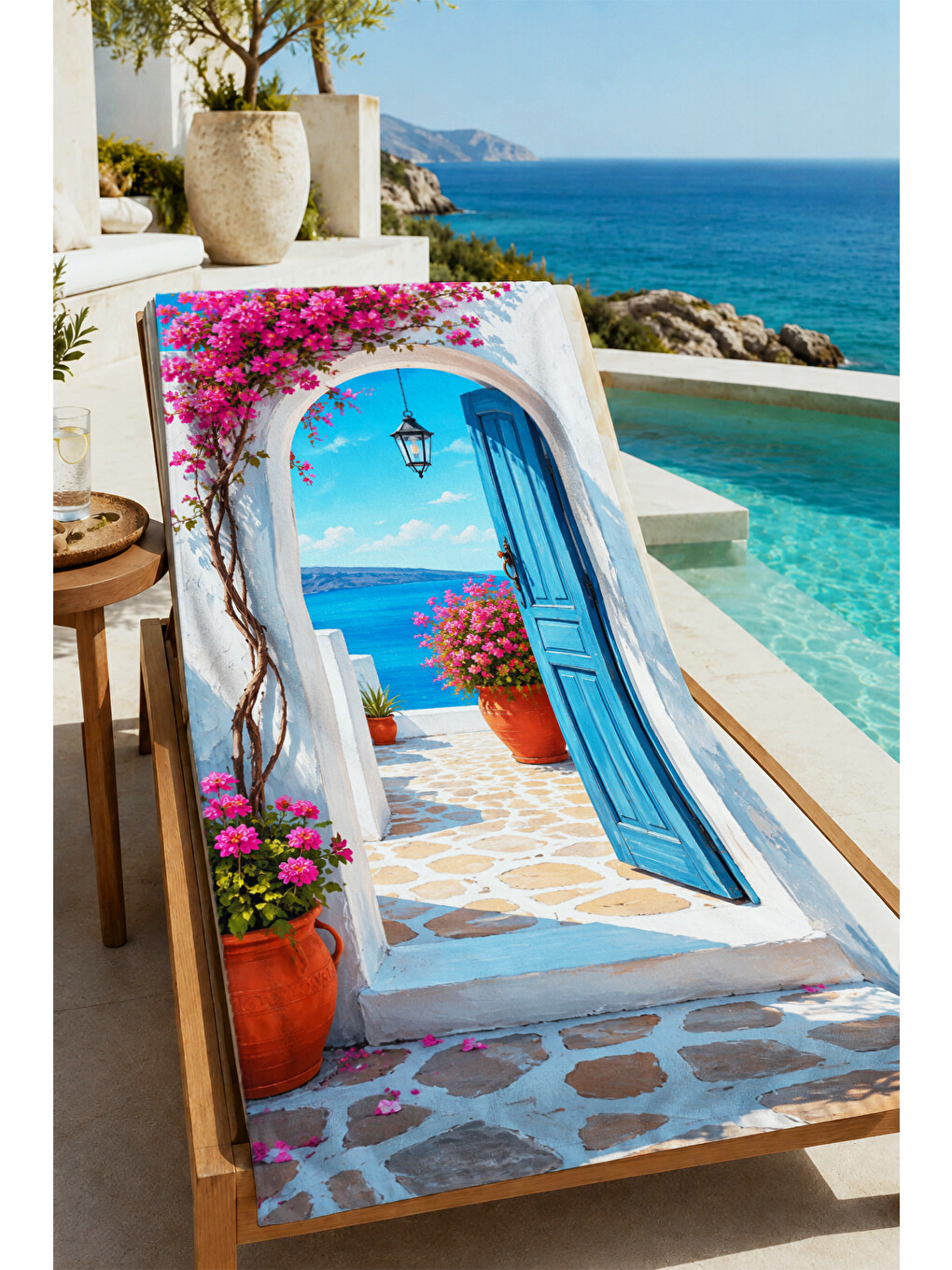 Mavi Akdeniz Kemer Deniz Manzaralı Desenli 70x150 Plaj Havlusu - Dijital Baskılı Solmaz Banyo Havlusu-1