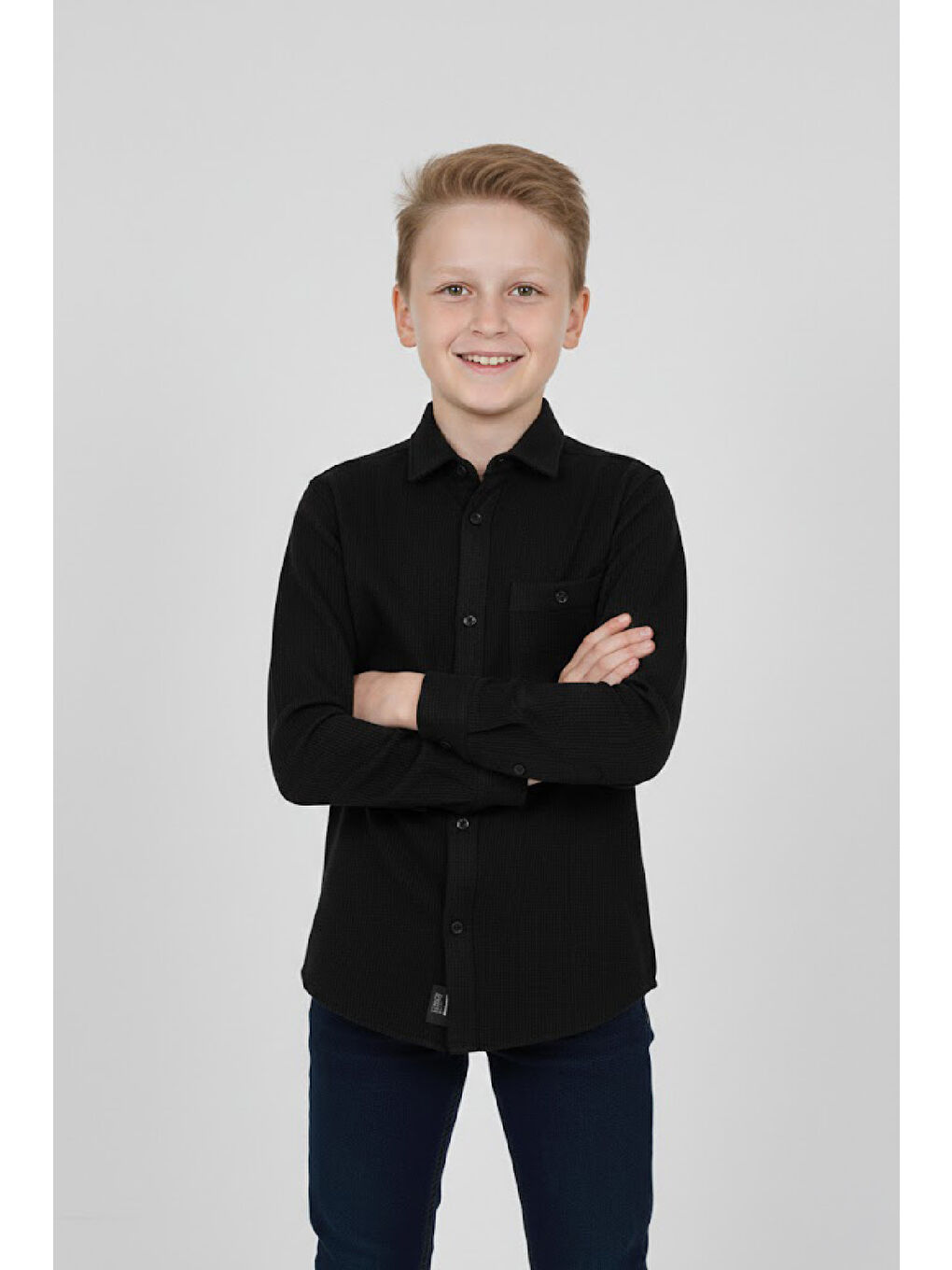 Siyah Erkek Çocuk %100 Waffle Pamuk Gömlek 3-12 Yaş 12521HC