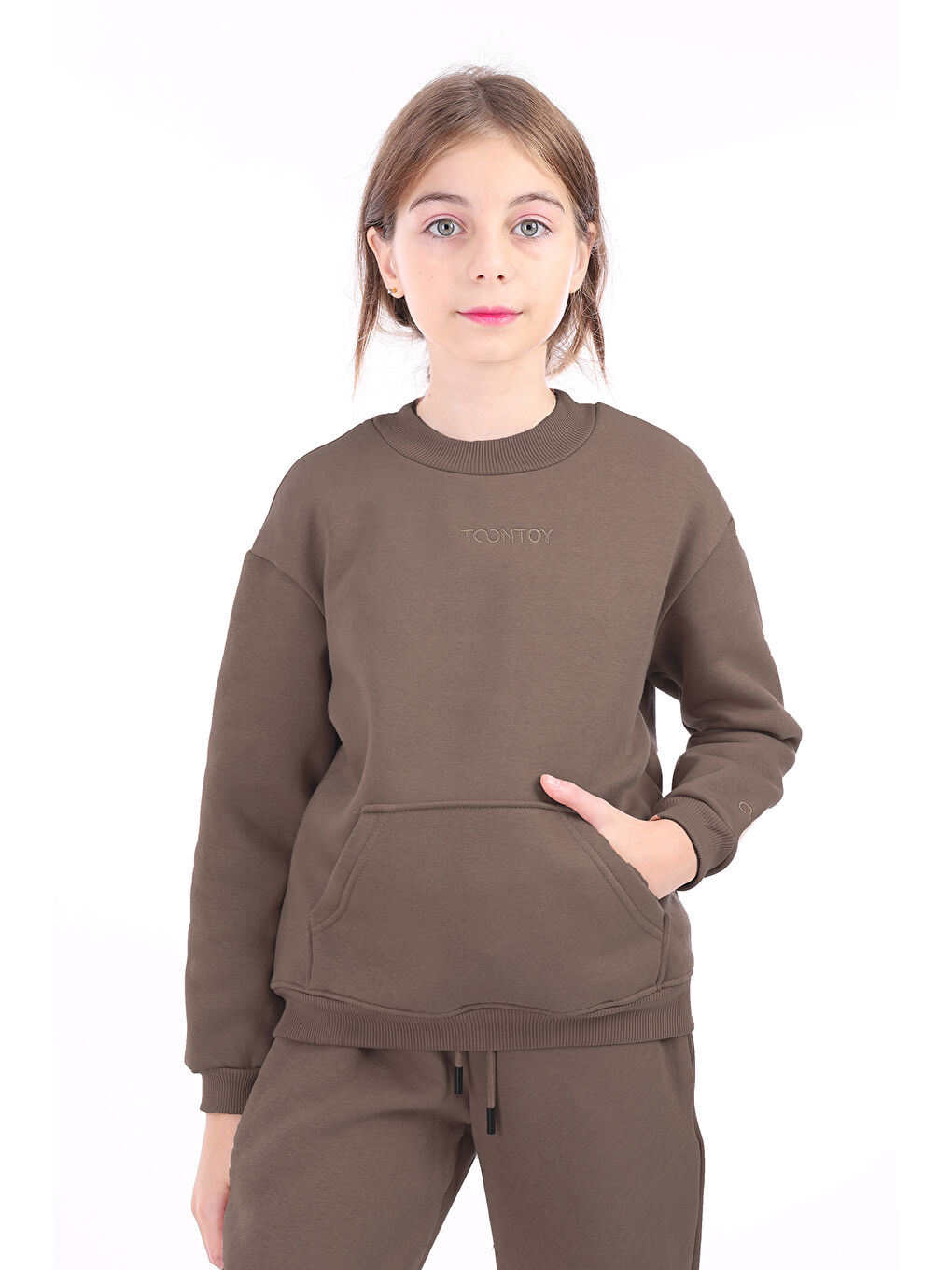 Kahverengi Unisex Çocuk Nakışlı Sweatshirt