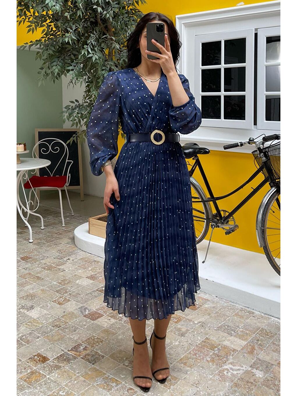 Lacivert Kruvaze Yaka Puantiyeli Şifon Elbise Mg2065-1