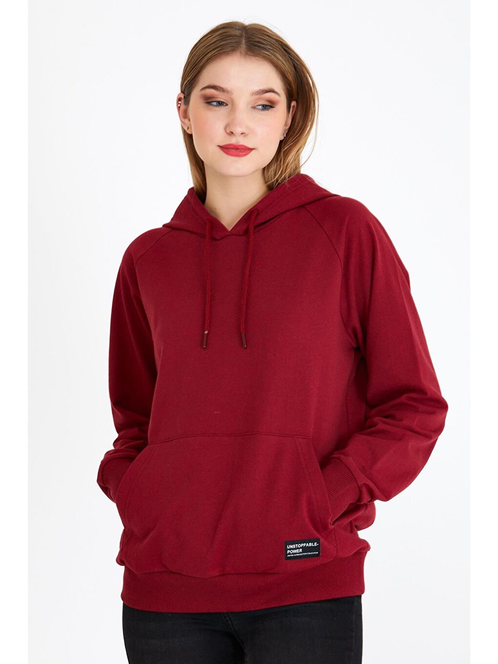 MMETALIC Bordo Metalic Kadın Bordo Kapüşonlu Basic Örme Sweatshirt