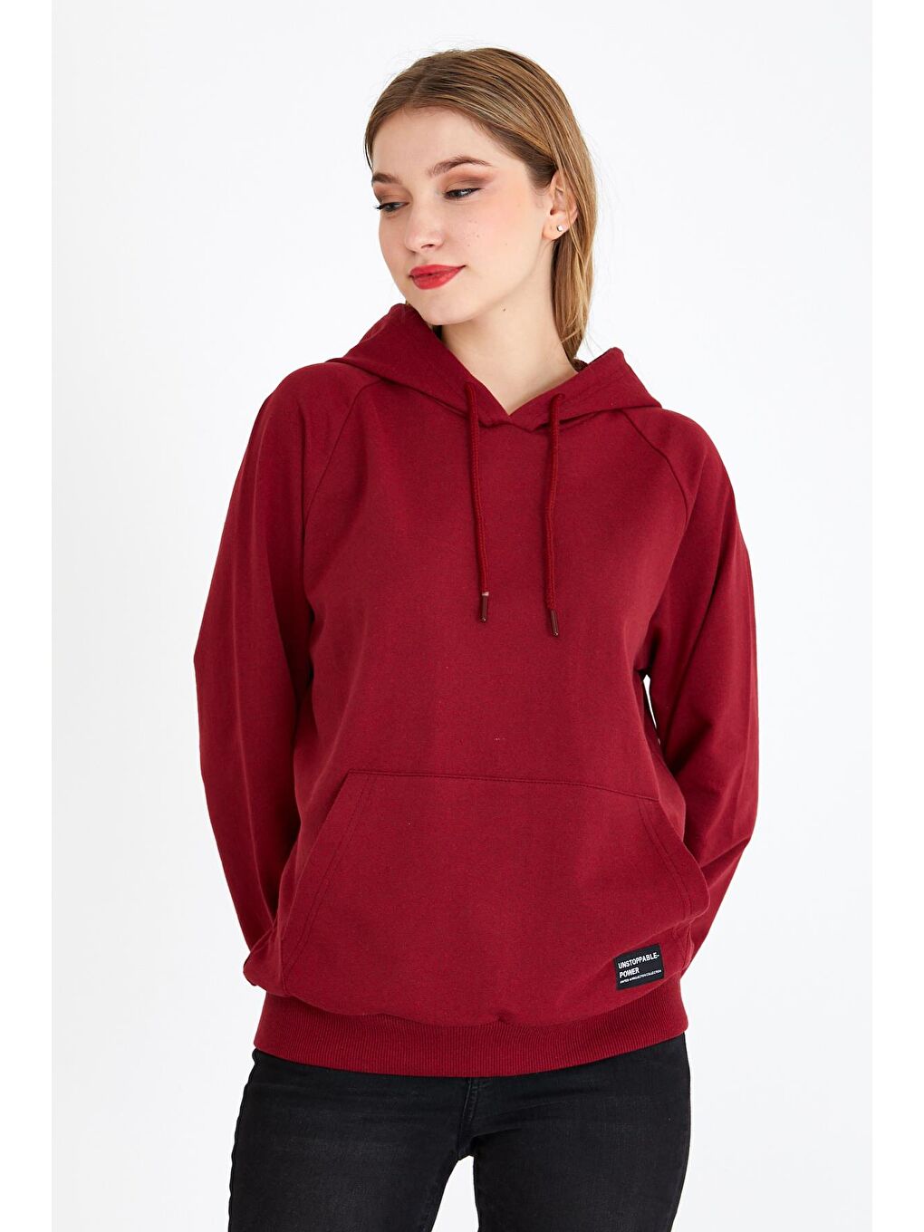 MMETALIC Bordo Metalic Kadın Bordo Kapüşonlu Basic Örme Sweatshirt - 1