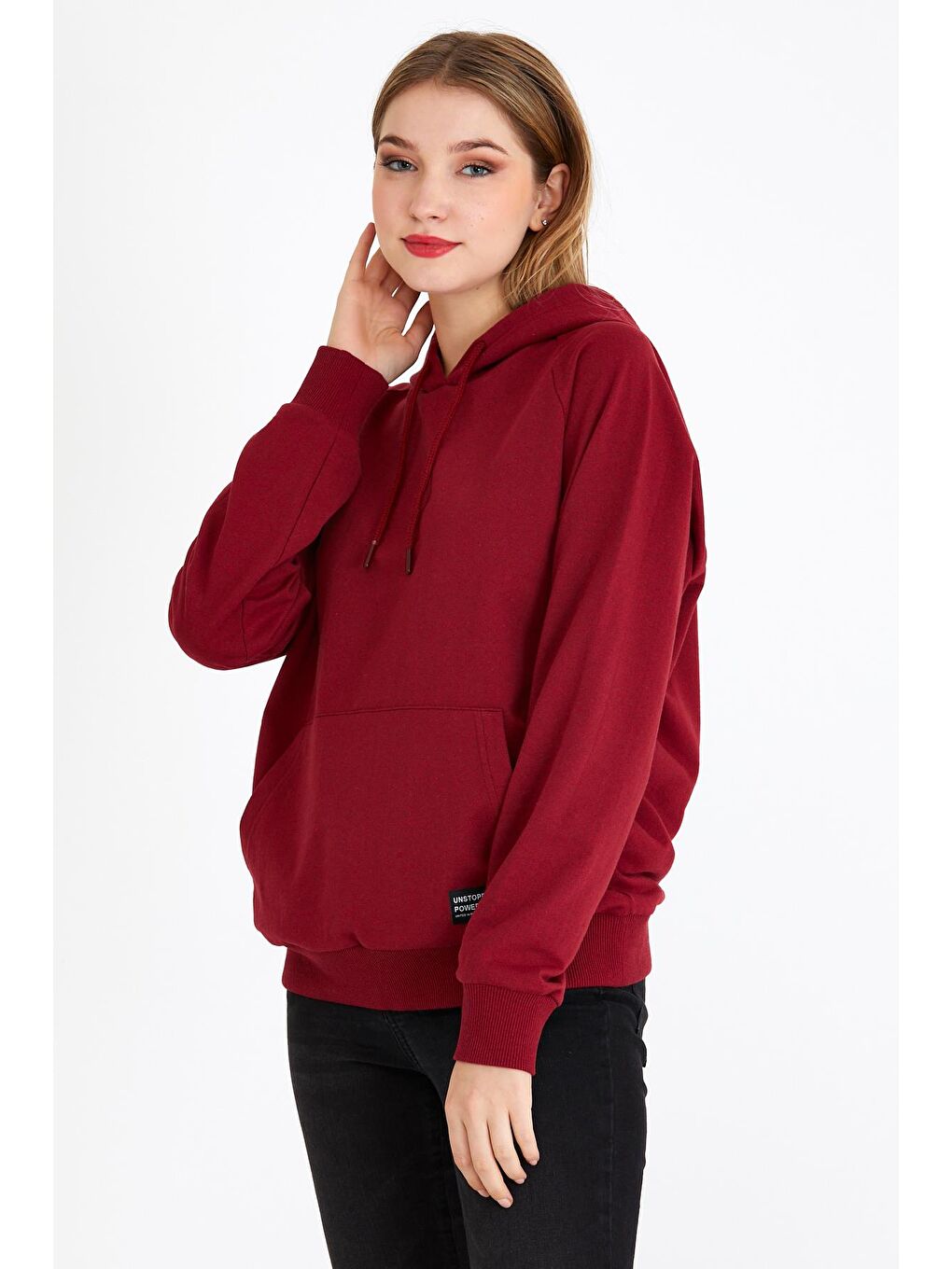 MMETALIC Bordo Metalic Kadın Bordo Kapüşonlu Basic Örme Sweatshirt - 2