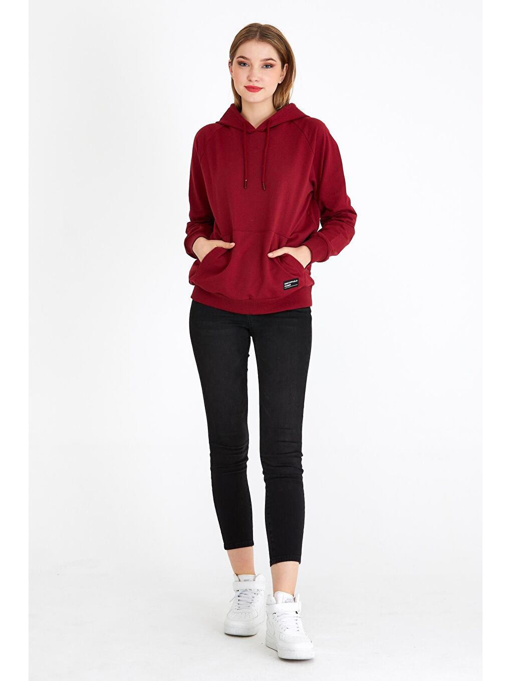 MMETALIC Bordo Metalic Kadın Bordo Kapüşonlu Basic Örme Sweatshirt - 3