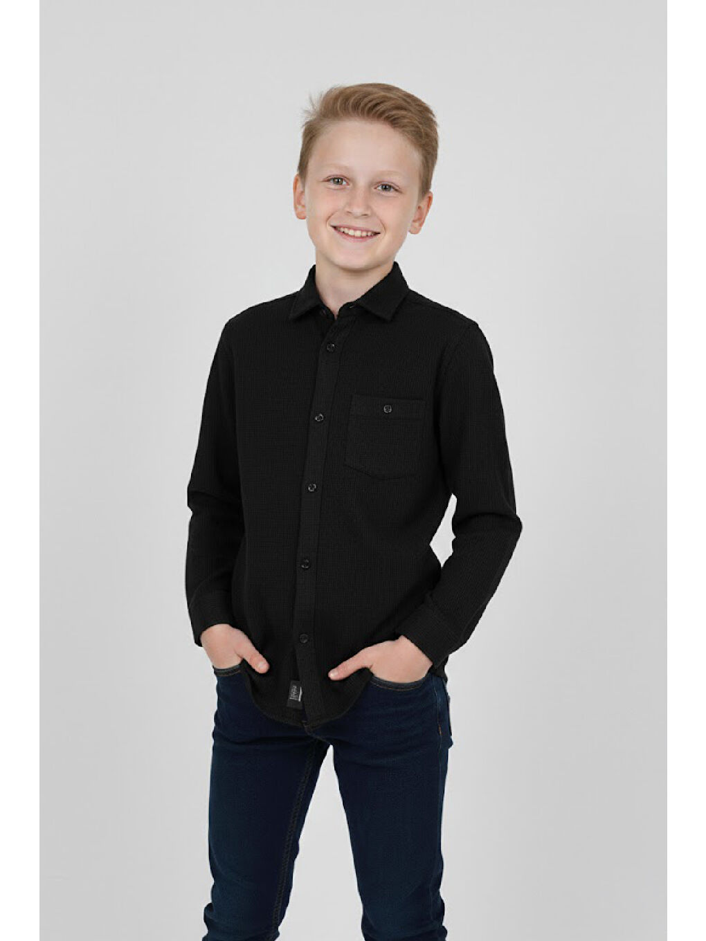 Siyah Erkek Çocuk %100 Waffle Pamuk Gömlek 3-12 Yaş 12521HC-1